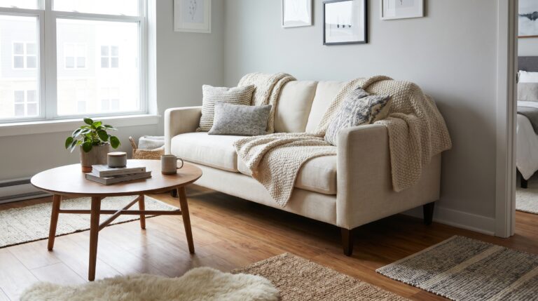 Compact cream sofa in a small apartment living room