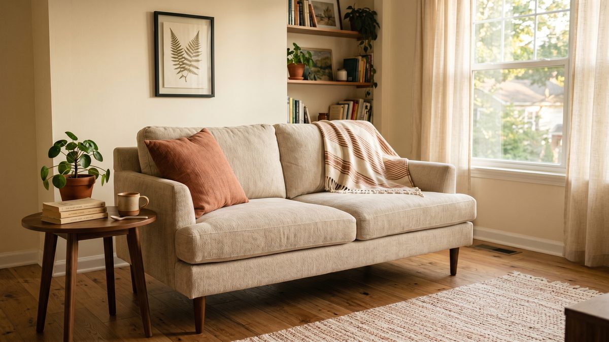 Beige chenille 2-seater loveseat with deep cushions and tall wooden legs in a small 1-bedroom apartment with cream walls