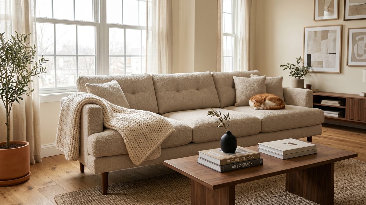 Beige boucle cloud sofa with an orange tabby cat napping on one end in a modern small apartment living room with cream walls
