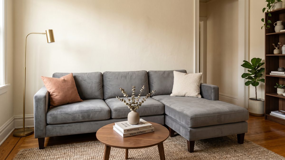 Grey velvet modular sectional sofa with a right-side chaise in a small apartment living room with cream walls and warm oak floors
