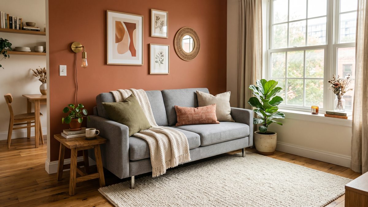 Compact grey chenille pull-out sleeper sofa in the corner of a small studio apartment with a warm terracotta accent wall and cream rug