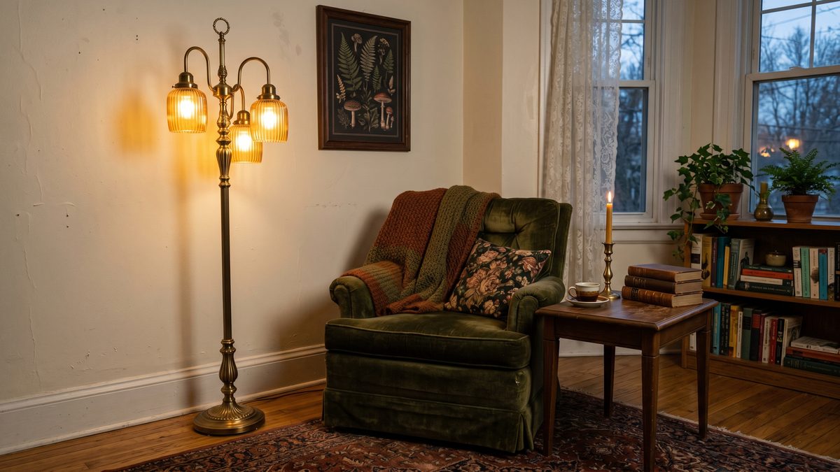 Tall vintage brass floor lamp with amber ribbed glass shades casting warm pools of light in a small dark cottagecore apartment living room corner at dusk
