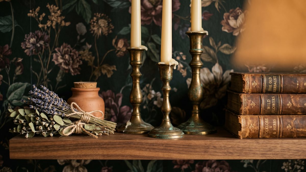 Three antique brass taper candlestick holders with cream beeswax candles on a walnut floating shelf with dried lavender, vintage books, and an apothecary jar against a moody floral wallpaper accent wall