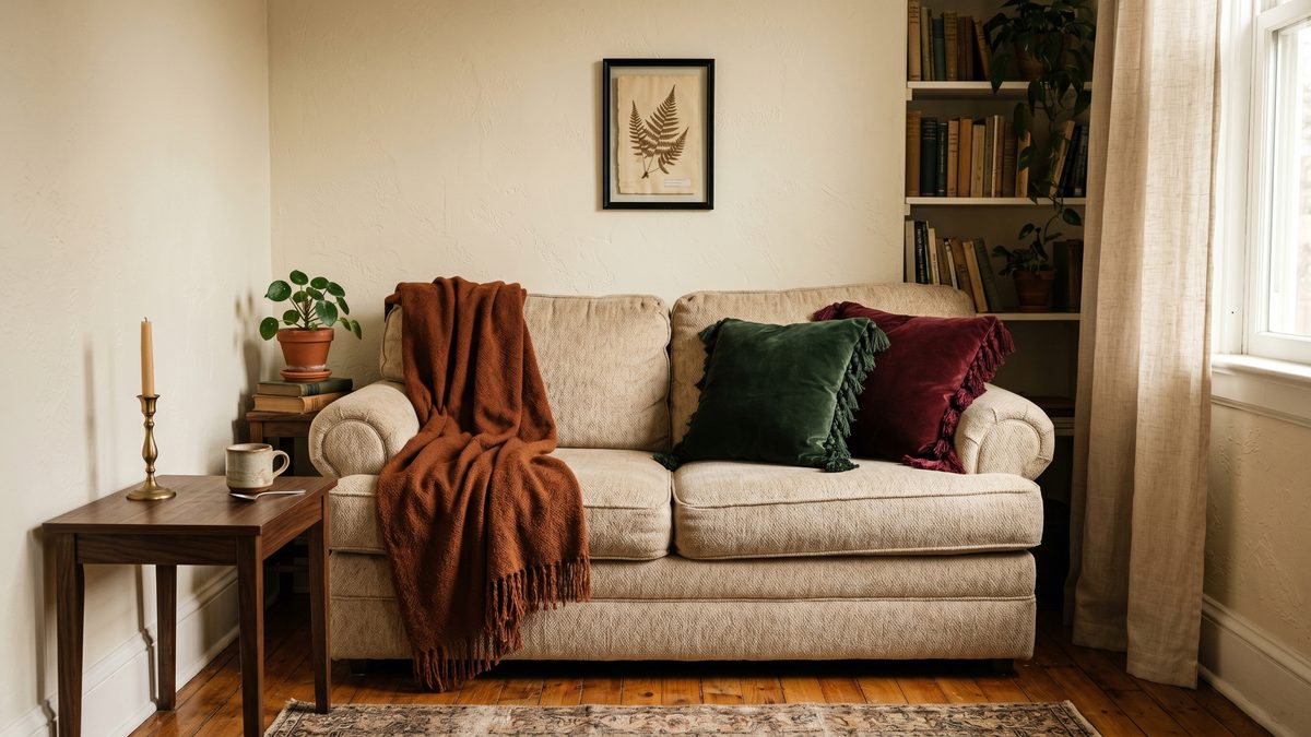 Forest green and burgundy velvet throw pillows with tassel fringe on a beige chenille loveseat in a small apartment with a rust hand-loomed throw blanket
