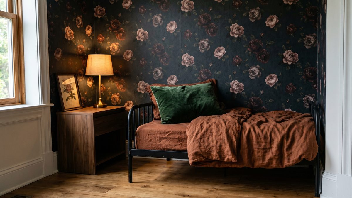 Vintage dark floral peel-and-stick wallpaper accent wall in a small rental bedroom with a black metal bed frame and forest green velvet pillow