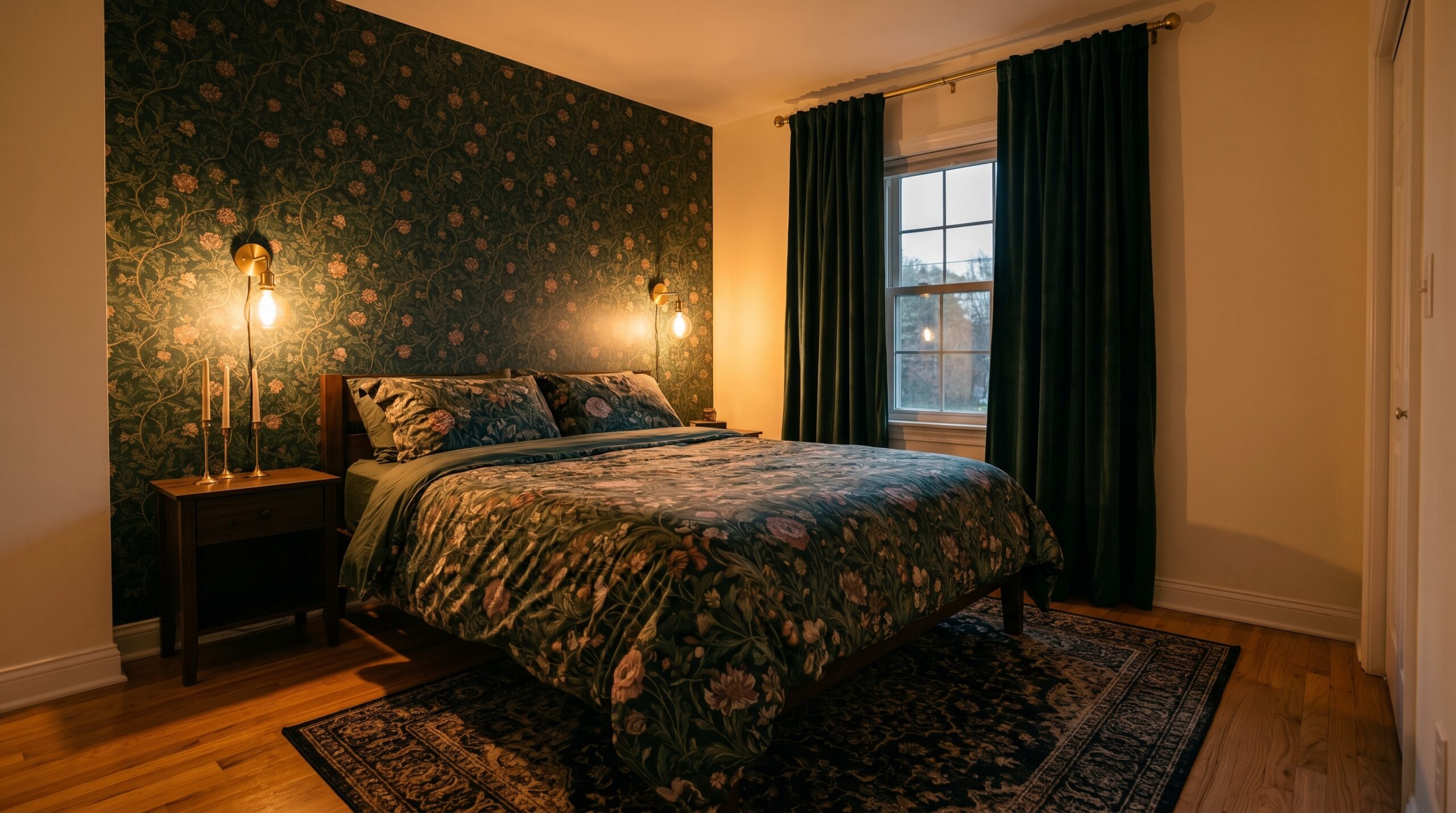 Dark cottagecore bedroom in a small apartment with amber light, green velvet curtains, and botanical accent wall