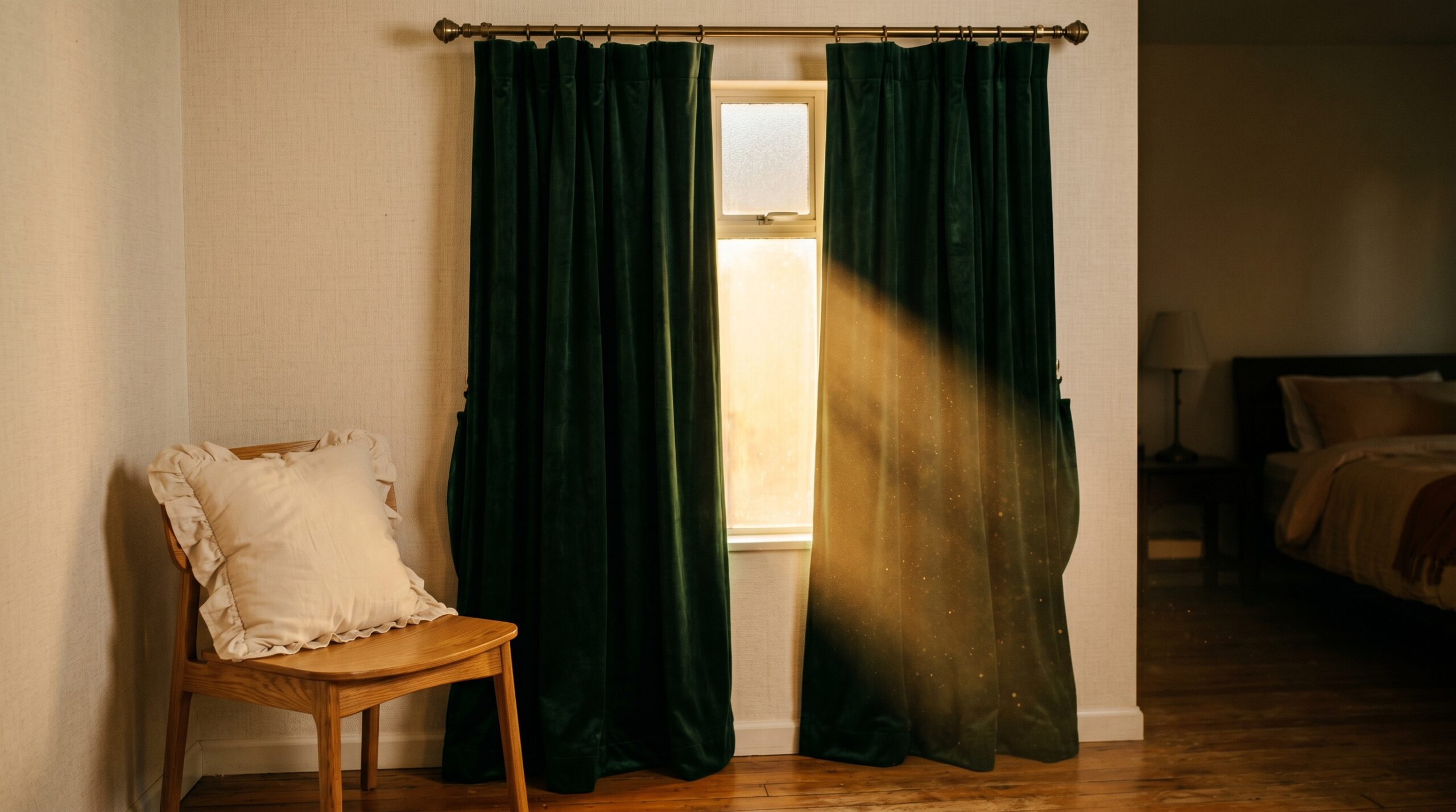 Dark green velvet curtains hanging from brass rod in a small apartment bedroom