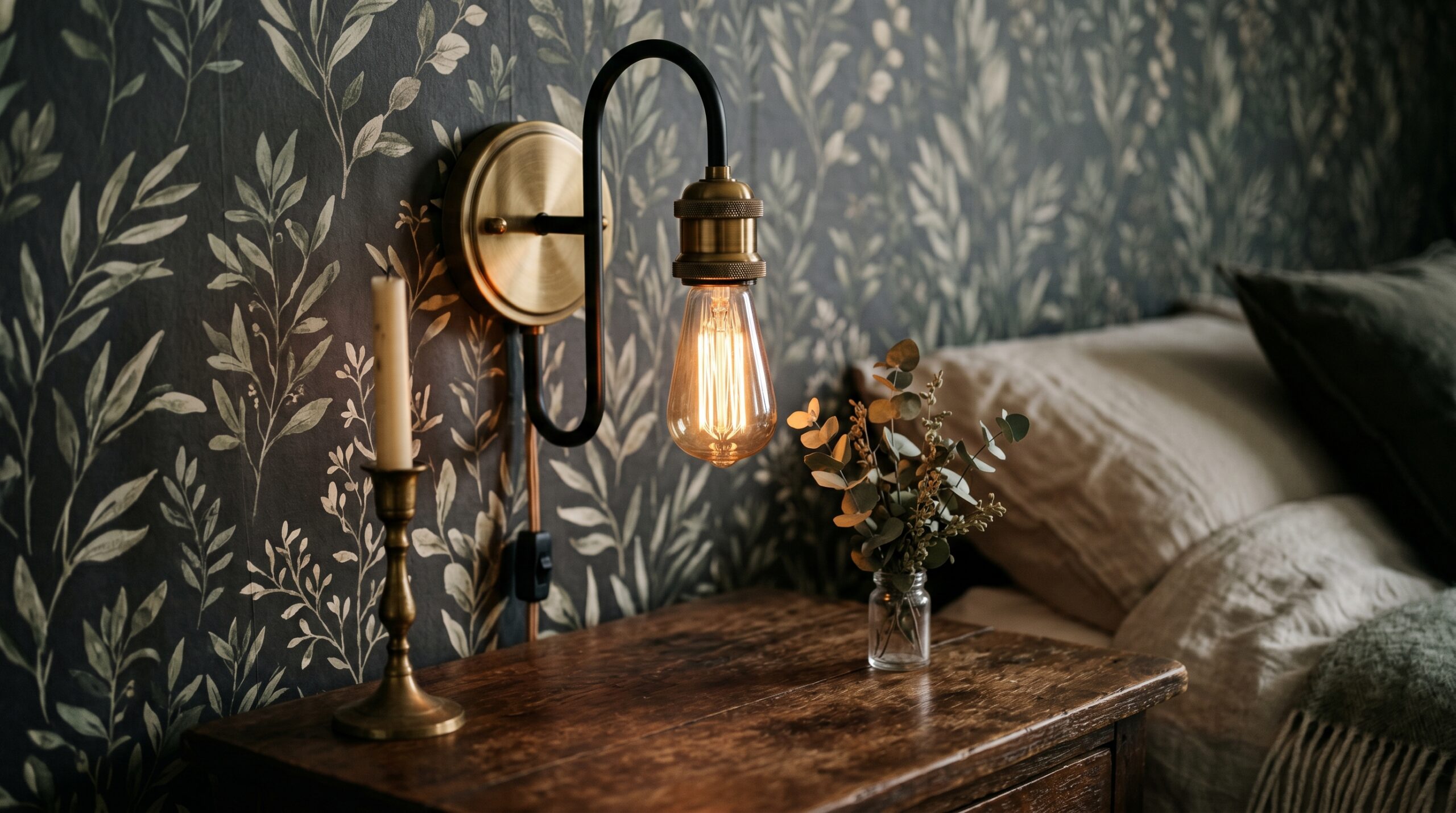 Amber Edison bulb glowing in brass sconce above a dark cottagecore bed at night
