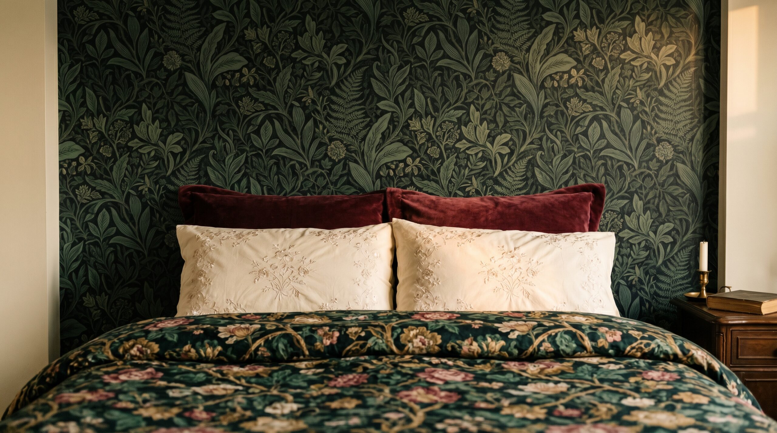Botanical peel-and-stick accent wall behind queen bed layered with moody floral duvet