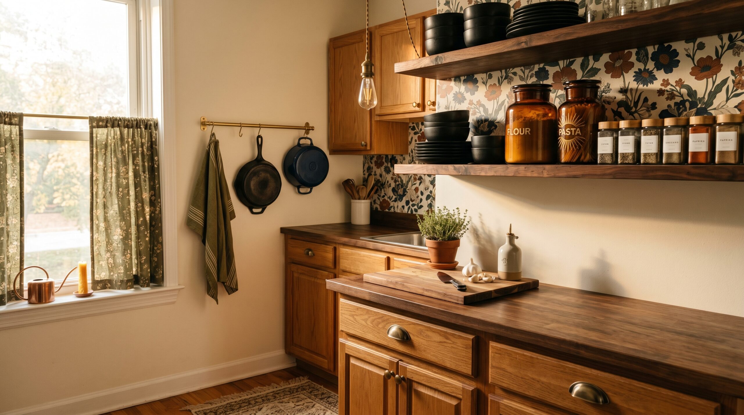 Small dark cottagecore rental kitchen with brass pulls, peel and stick botanical wallpaper, amber pendant, and floating shelf with matte black stoneware