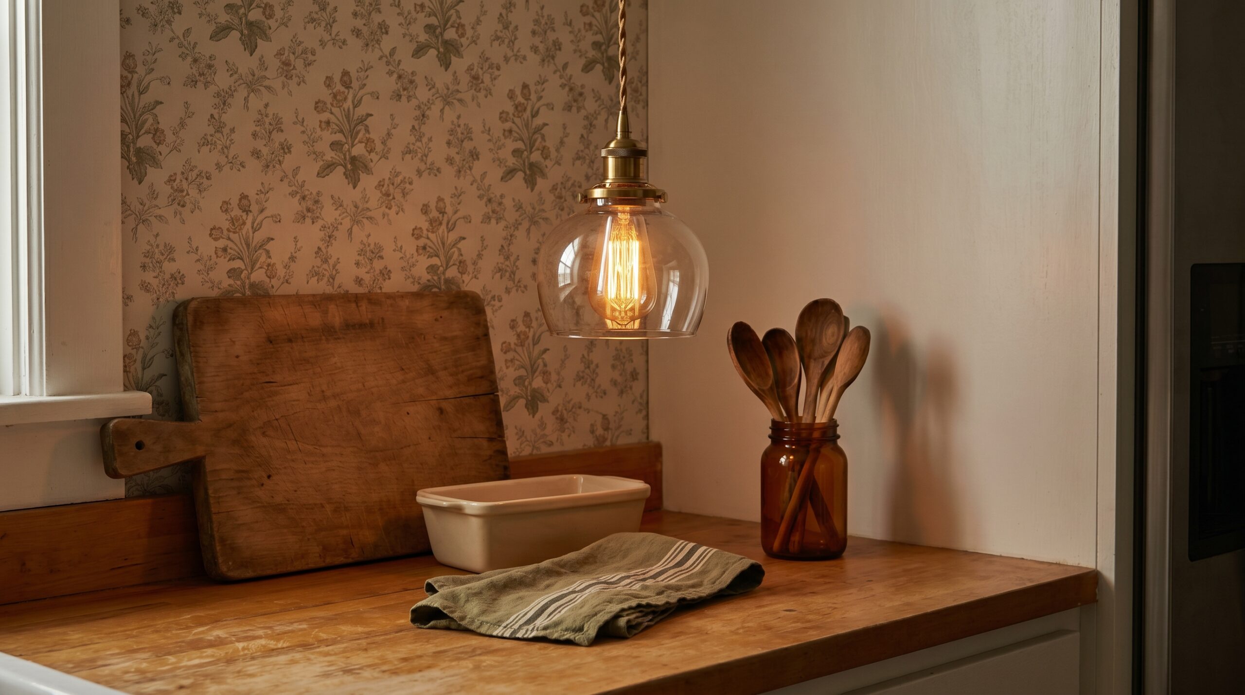 Brass plug-in swag pendant glowing warm amber from a vintage Edison bulb above a wood counter with linen tea towel and amber jar in a dark cottagecore rental kitchen