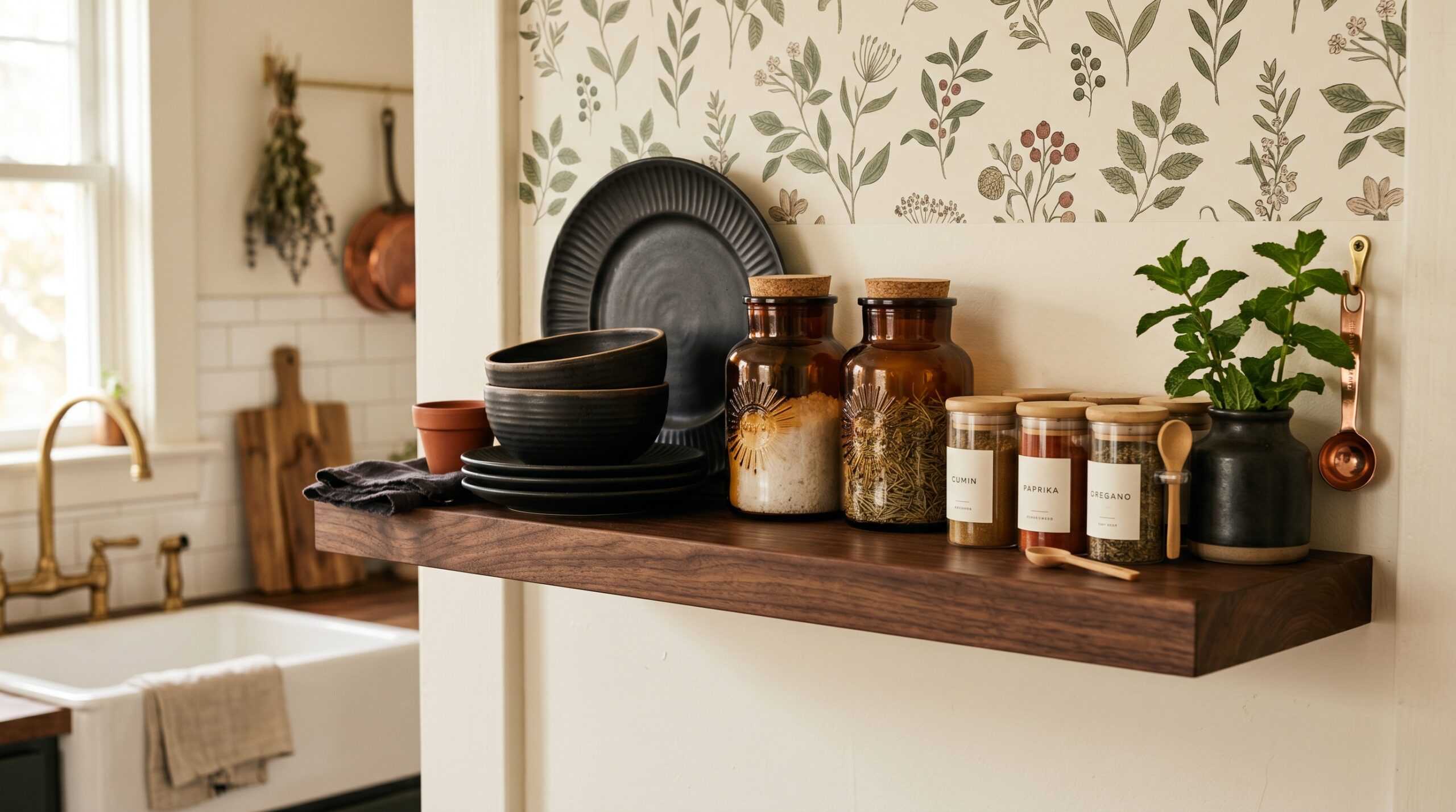 Dark walnut floating kitchen shelf with matte black stoneware, amber apothecary jars, and bamboo-lid spice jars in dark cottagecore styling