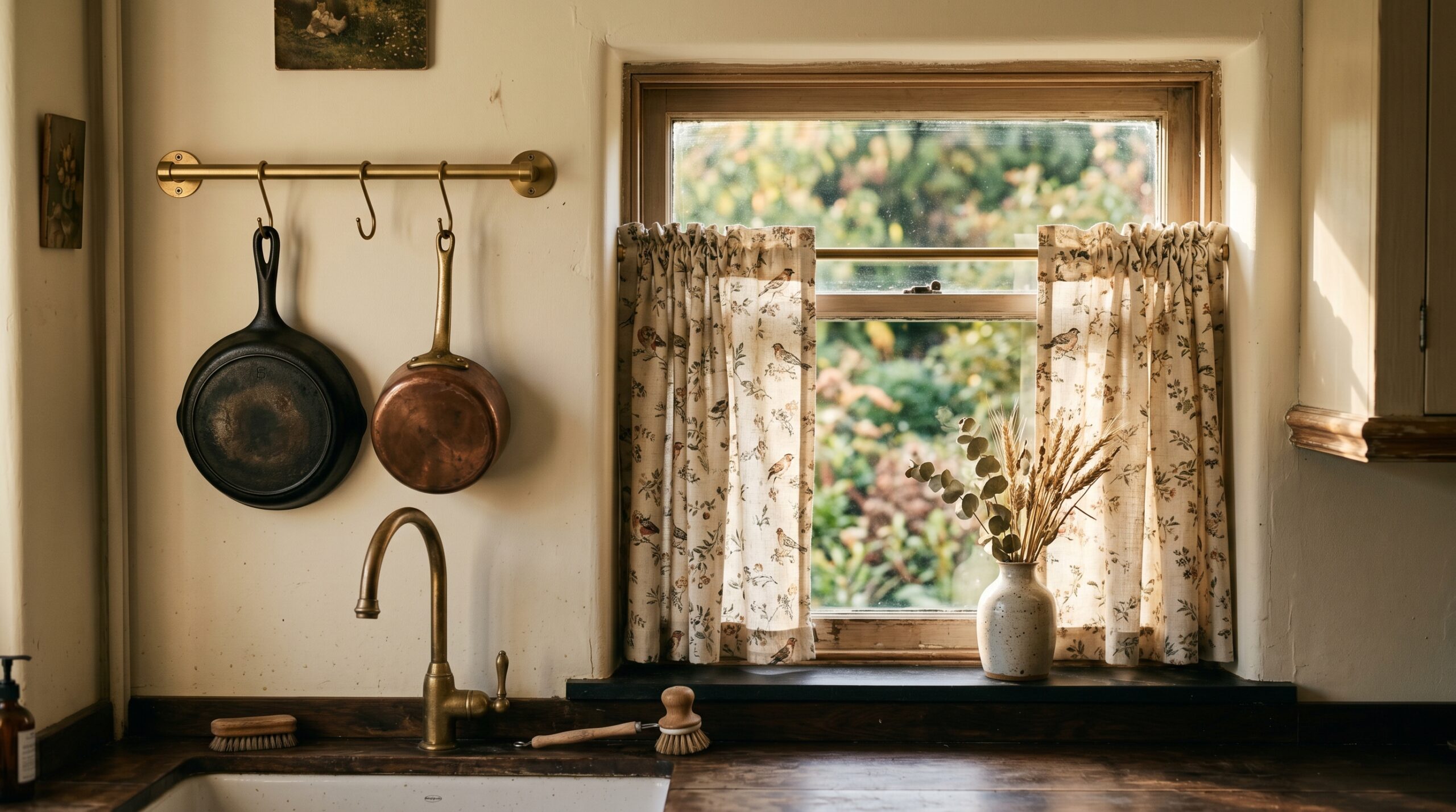 Small rental kitchen window with vintage farmhouse linen cafe curtains and a 20-inch unlacquered brass wall-mount pot rail holding cast iron and copper cookware