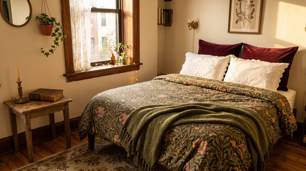 Dark cottagecore bedroom with queen bed, moody William Morris wildflower duvet in dark green and rose tones, cream embroidered pillow shams, burgundy velvet euro sham, olive knit tasseled throw at the foot, warm cream walls, wood nightstand with brass lamp