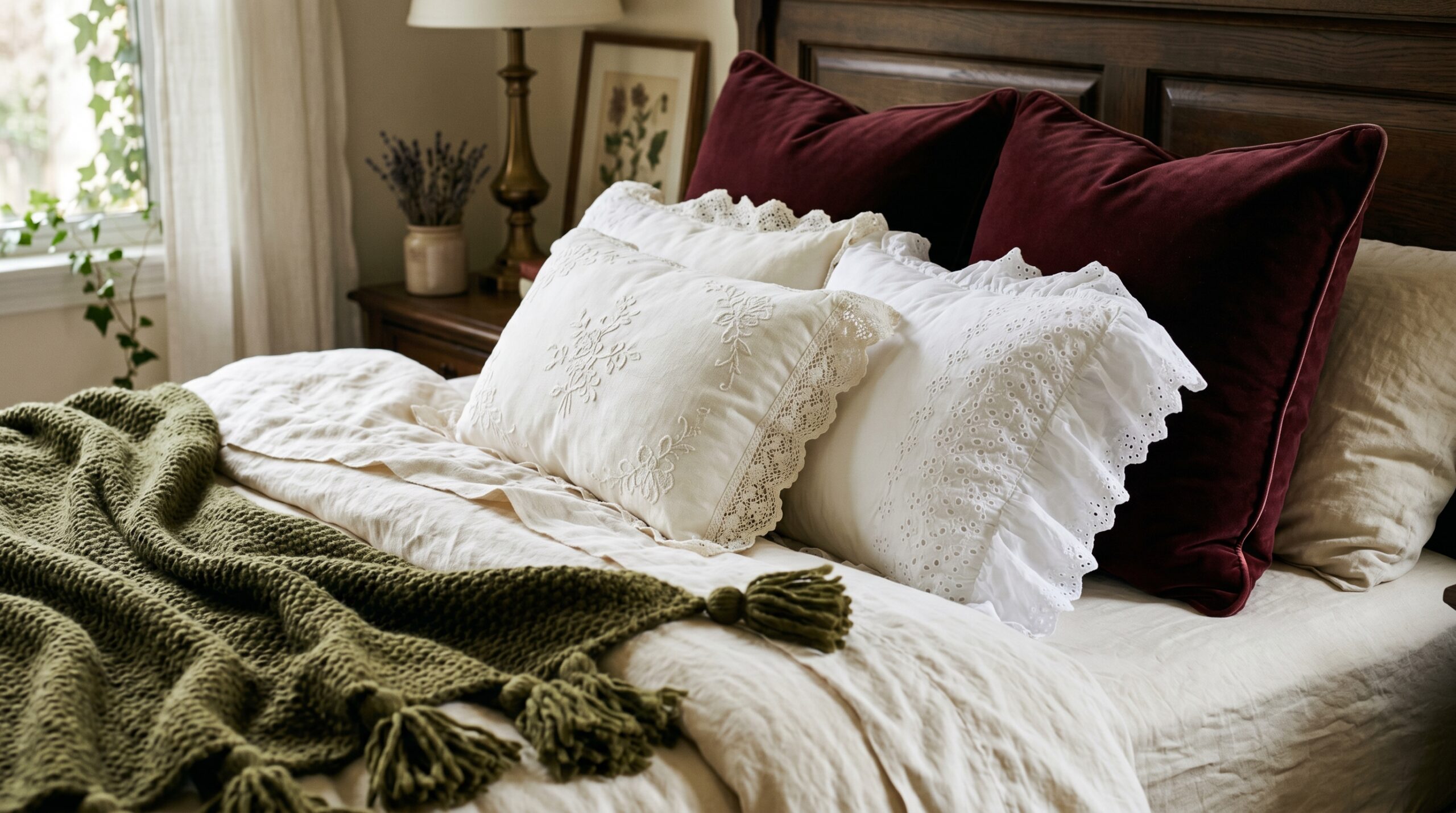 Dark cottagecore bed styling detail close-up with cream vintage embroidered shams, white eyelet lace ruffled sham, burgundy heavy velvet euro sham, olive knit tasseled throw gathered at the corner