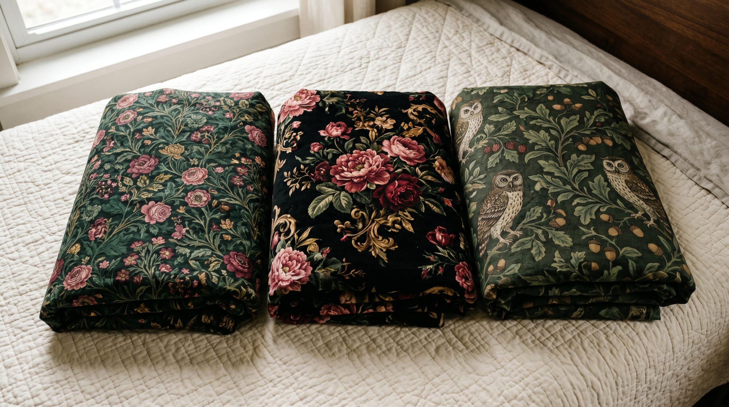 Three dark cottagecore duvet covers styled side by side: William Morris wildflower print in dark green and rose, black-base gothic Victorian peony floral, forest green William Morris owl and botanical print