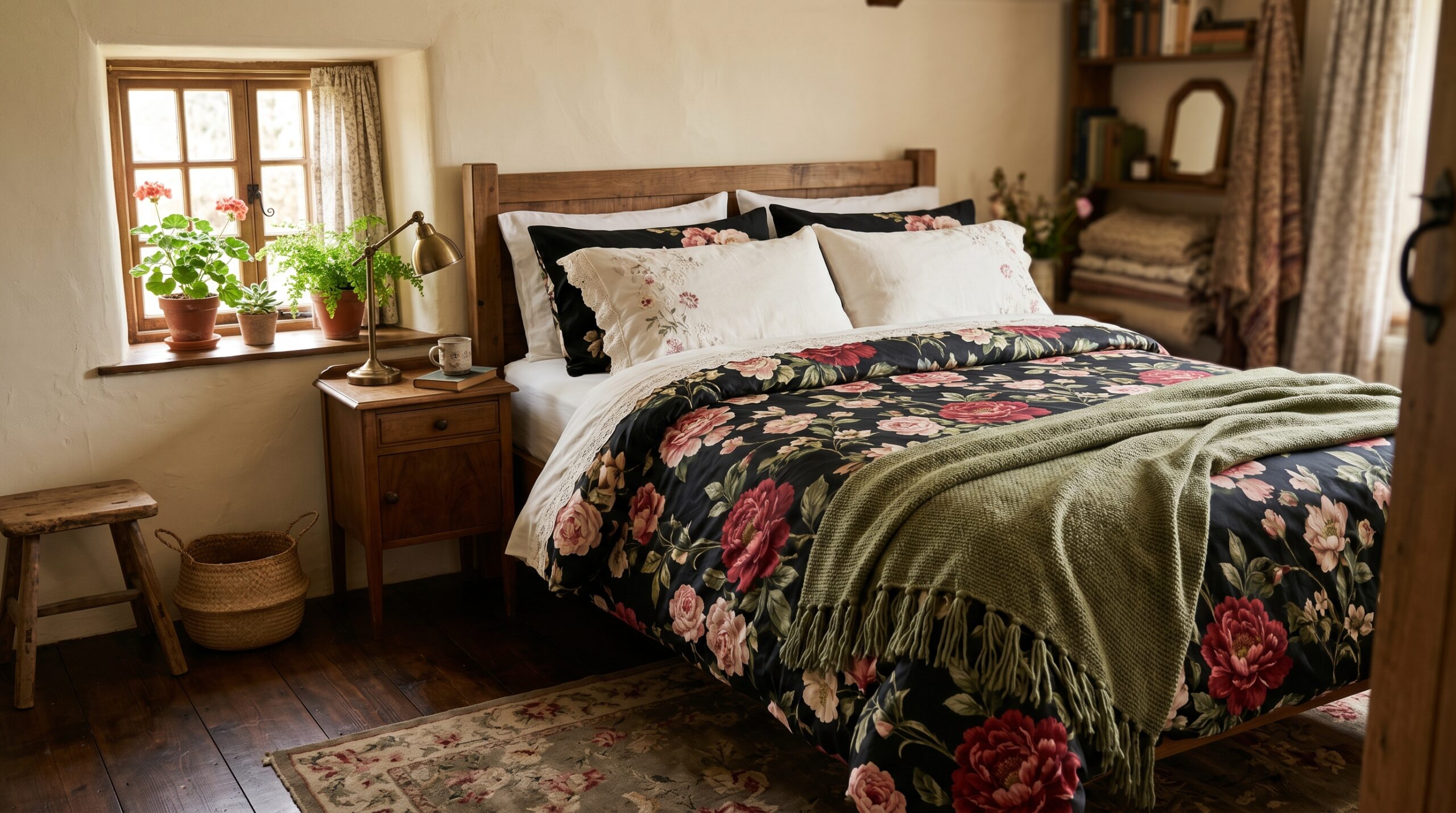 Full made bed in small dark cottagecore bedroom, black floral peony and rose duvet, cream embroidered pillows stacked in front, olive green knit throw blanket with tassels at the foot, cream walls and wood floor