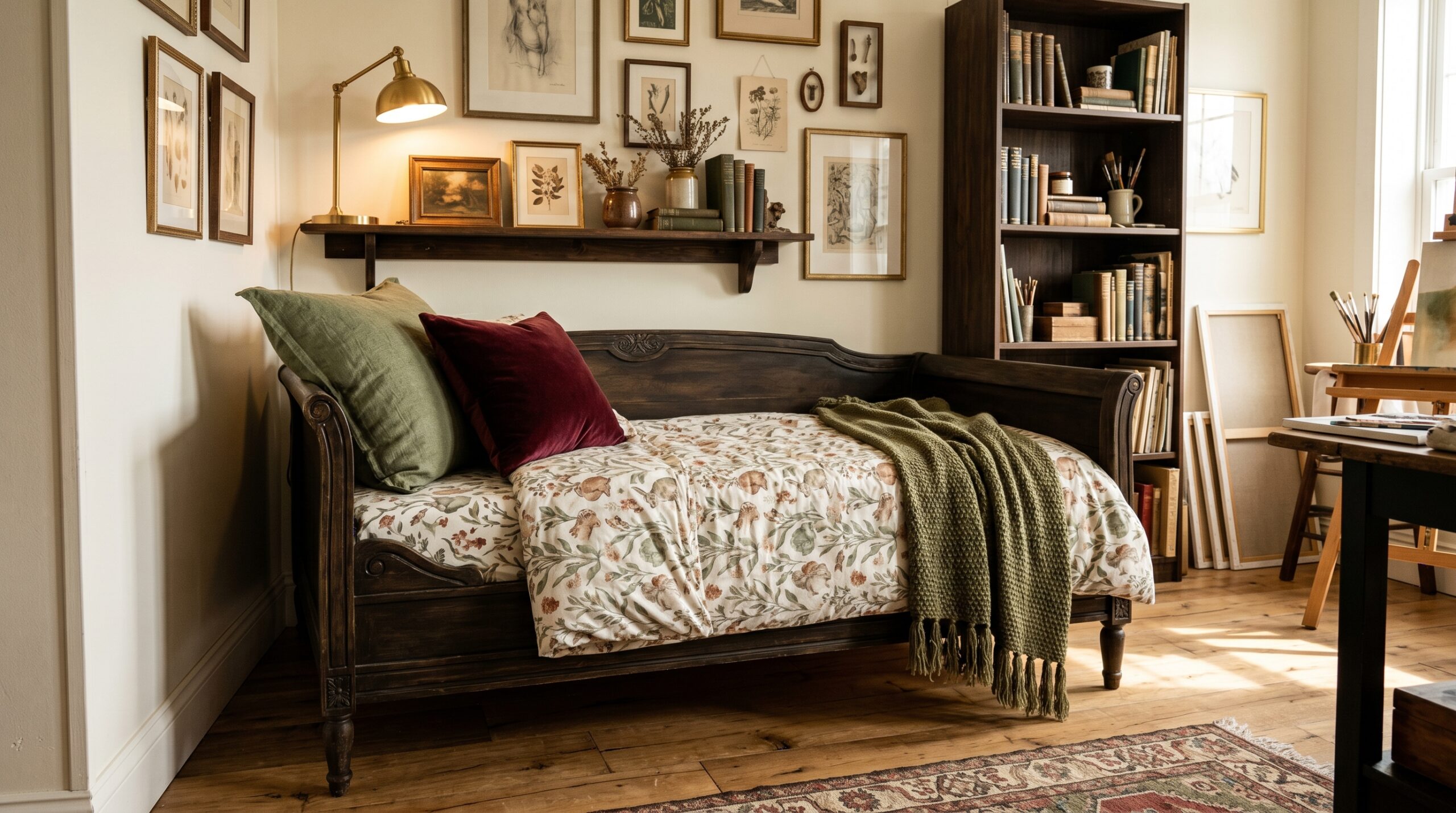 Dark cottagecore twin daybed in studio corner with beige-base botanical rabbit print duvet, moss green linen euro sham, burgundy velvet accent pillow, olive knit tasseled throw