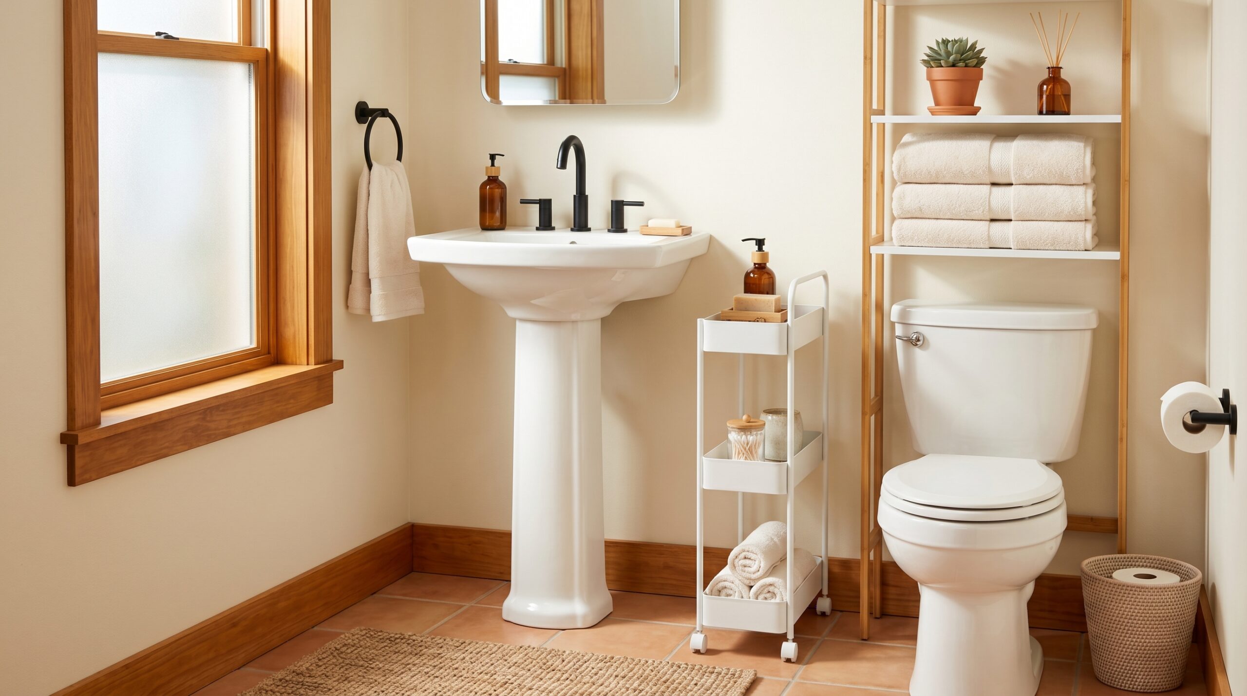 Small renter bathroom with slim white rolling cart beside pedestal sink, white over-toilet shelving unit with bamboo-tone frame behind toilet, cream walls, terracotta tile, warm morning light