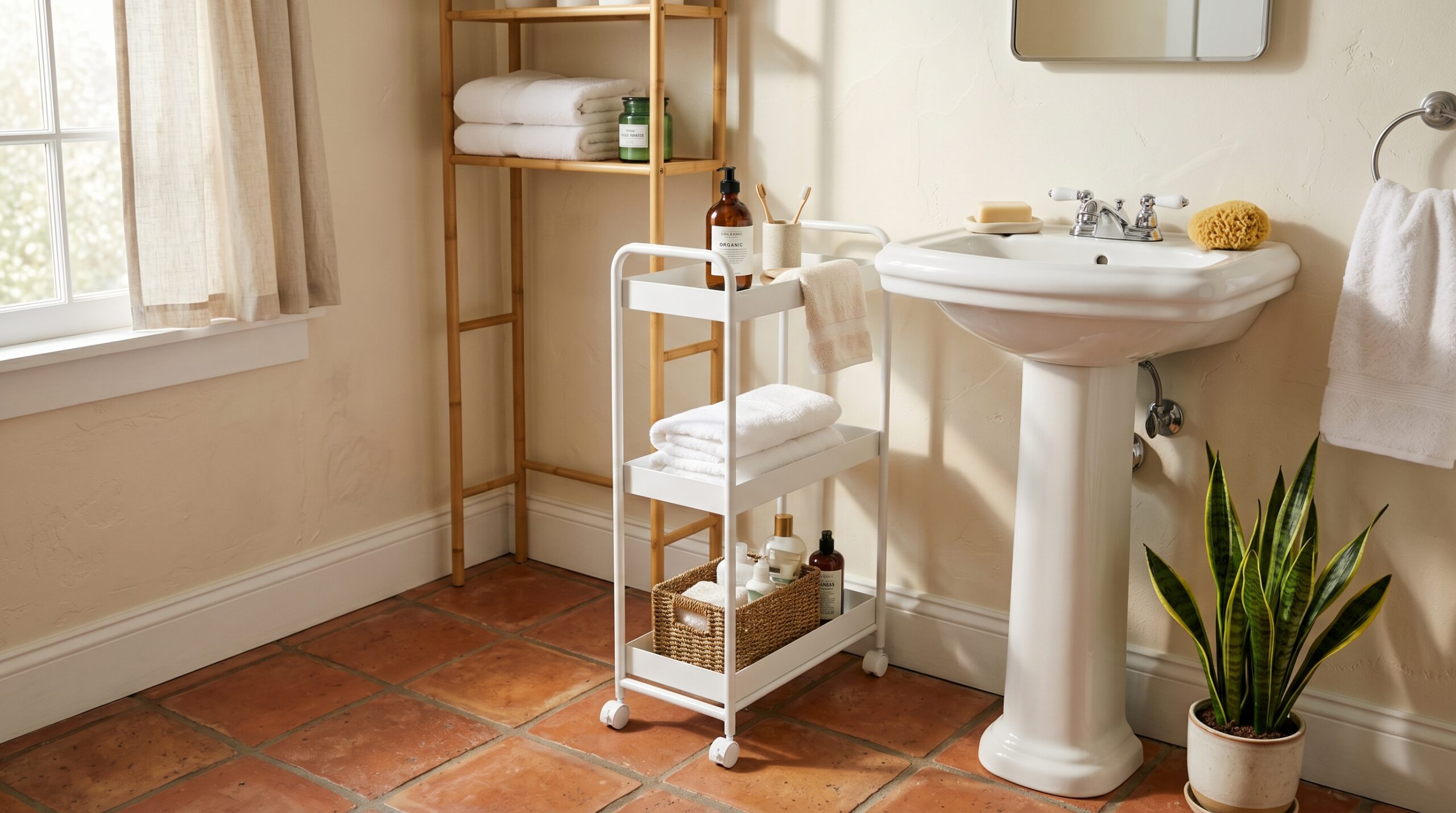 Small bathroom corner with a white slim rolling cart beside a pedestal sink and a three-tier over-toilet shelving unit in the background, terracotta tile floor, cream walls, warm morning light