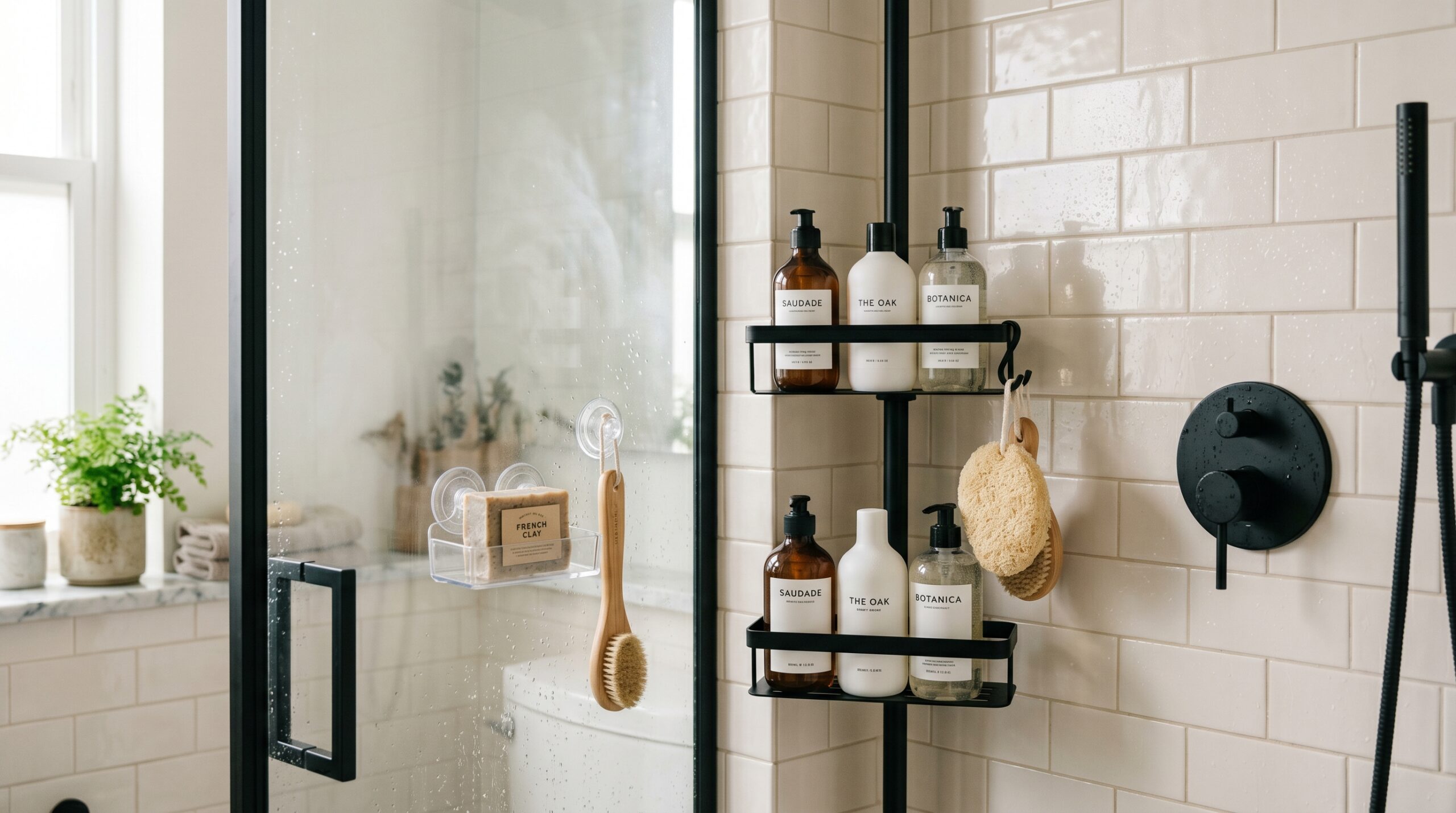 Shower interior with matte black tension-pole caddy holding shampoo bottles and a loofah, clear glass shower door with suction organizer beside it, warm subway tile walls, soft steam atmosphere