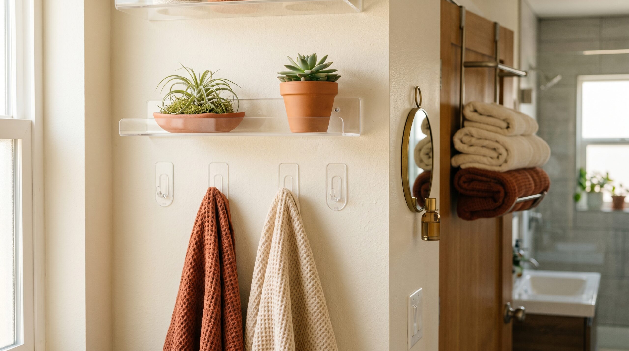 Small bathroom vignette with clear acrylic floating shelves holding a ceramic dish and potted plant, Command hooks with hanging cream towels, over-door rack with folded towels visible in background, warm afternoon light