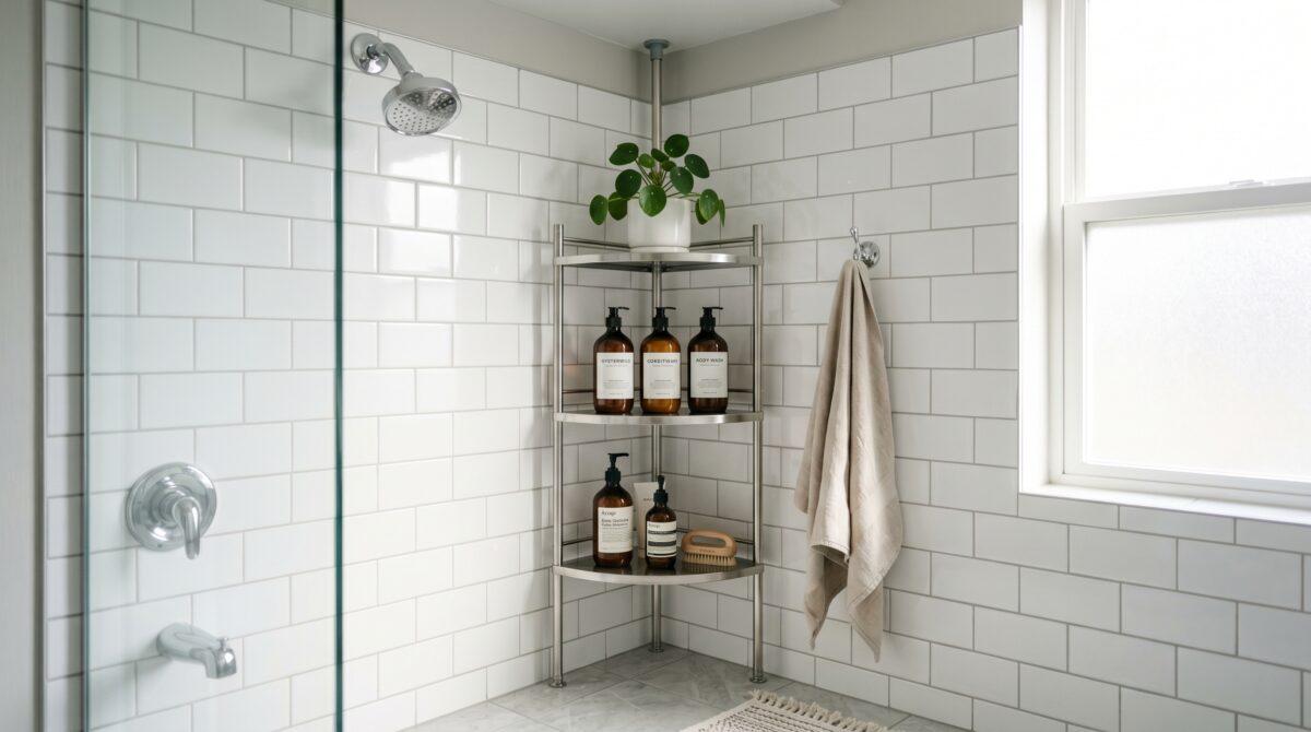 Small rental bathroom corner with a 4-tier silver stainless steel tension pole corner caddy holding shampoo conditioner body wash and a small plant in a white subway tile shower