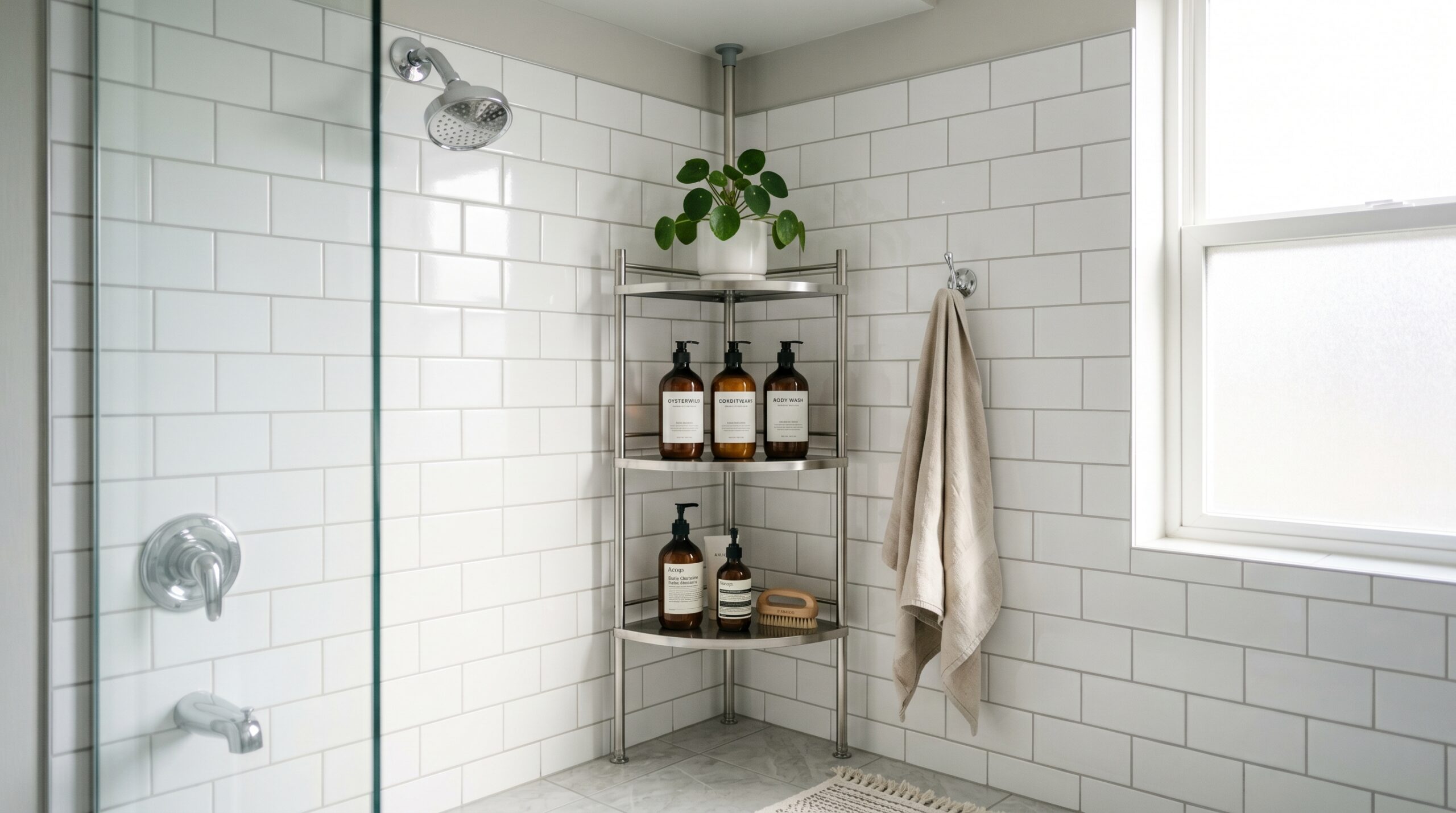Small rental bathroom corner with a 4-tier silver stainless steel tension pole corner caddy holding shampoo conditioner body wash and a small plant in a white subway tile shower