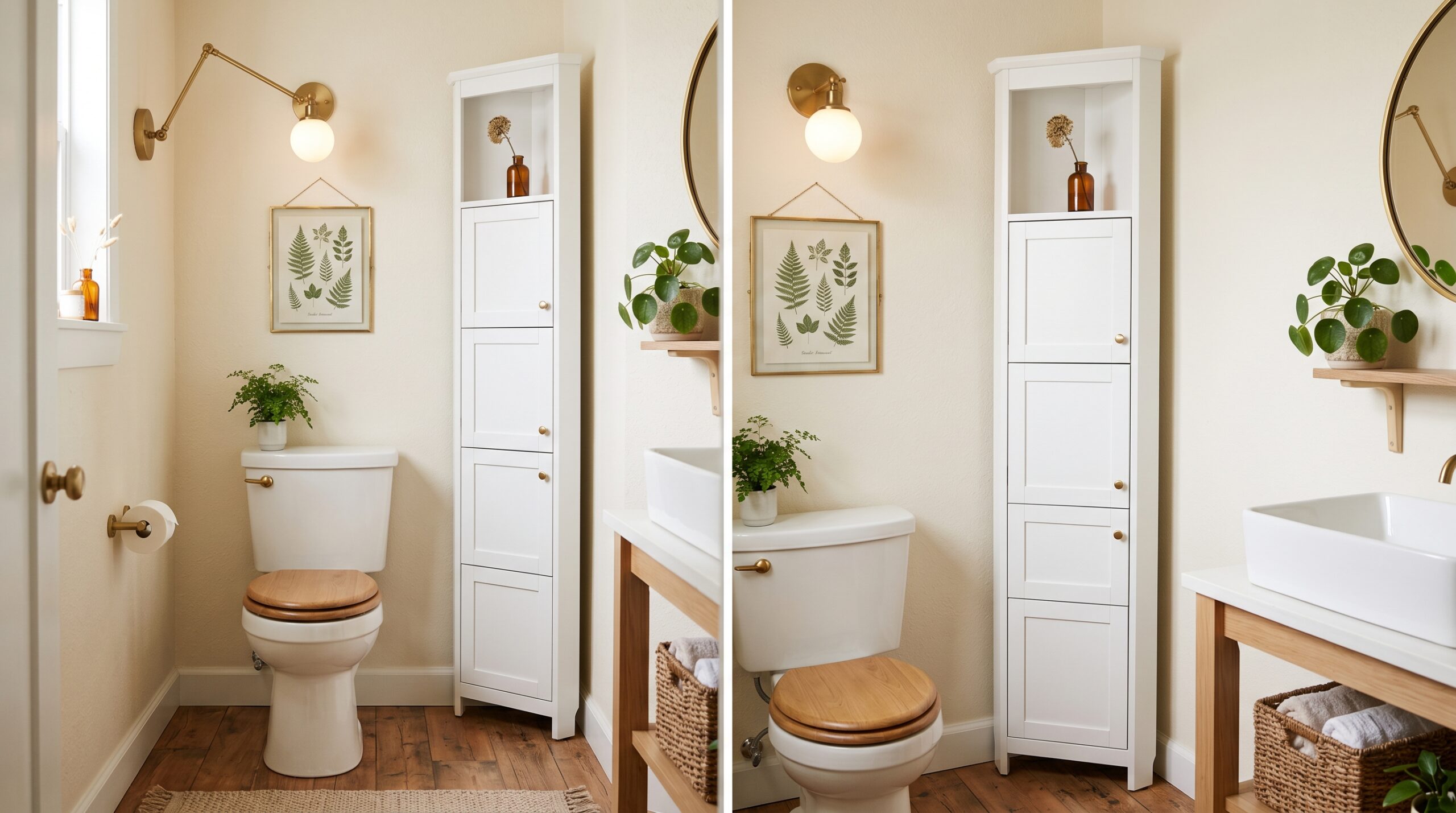 Tall narrow white freestanding 70-inch corner cabinet with 4 doors fitted between a toilet and the wall in a small rental bathroom with cream walls and warm wood floor
