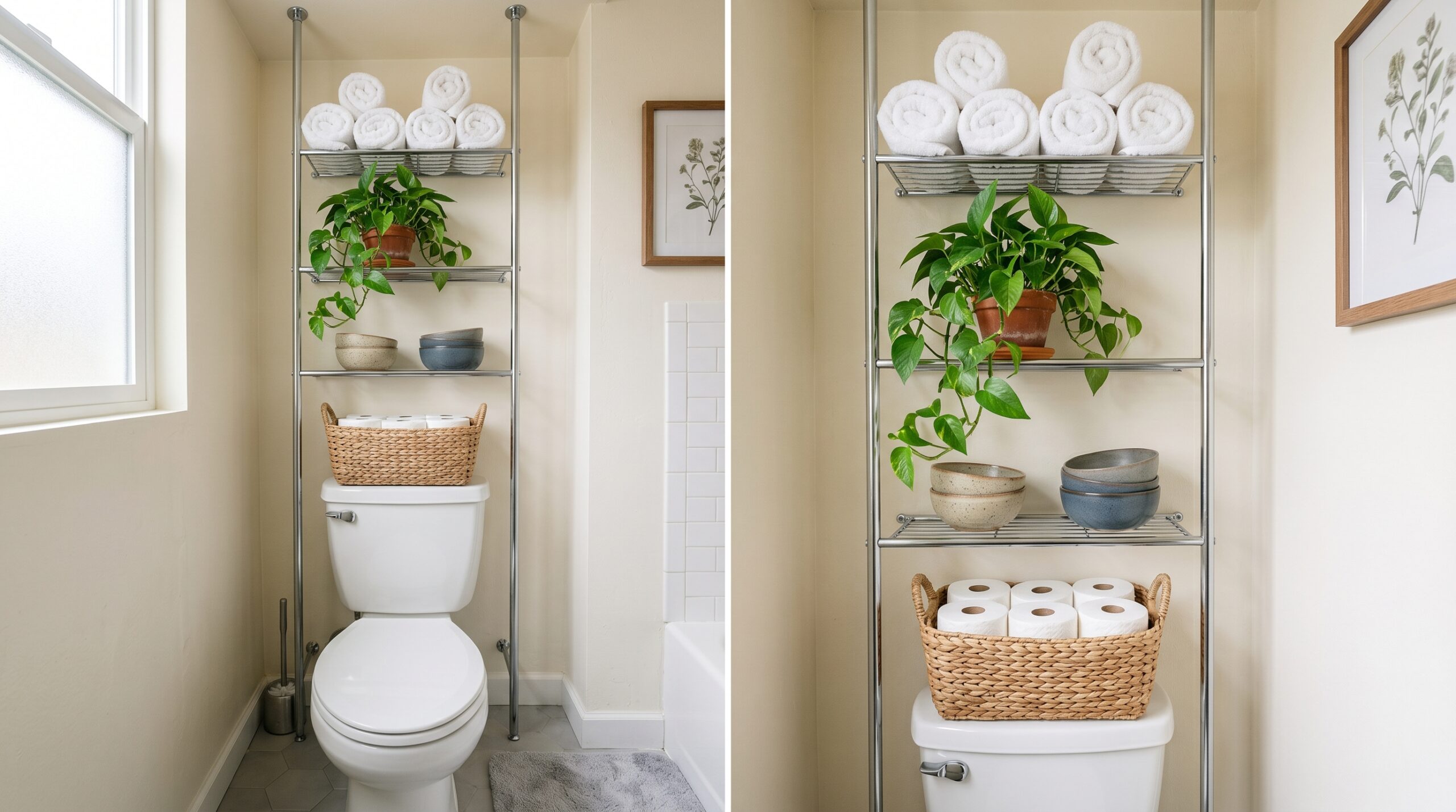 Silver 4-tier tension pole over-the-toilet storage shelf in a small rental bathroom holding rolled towels ceramic bowls and a plant above a standard white toilet