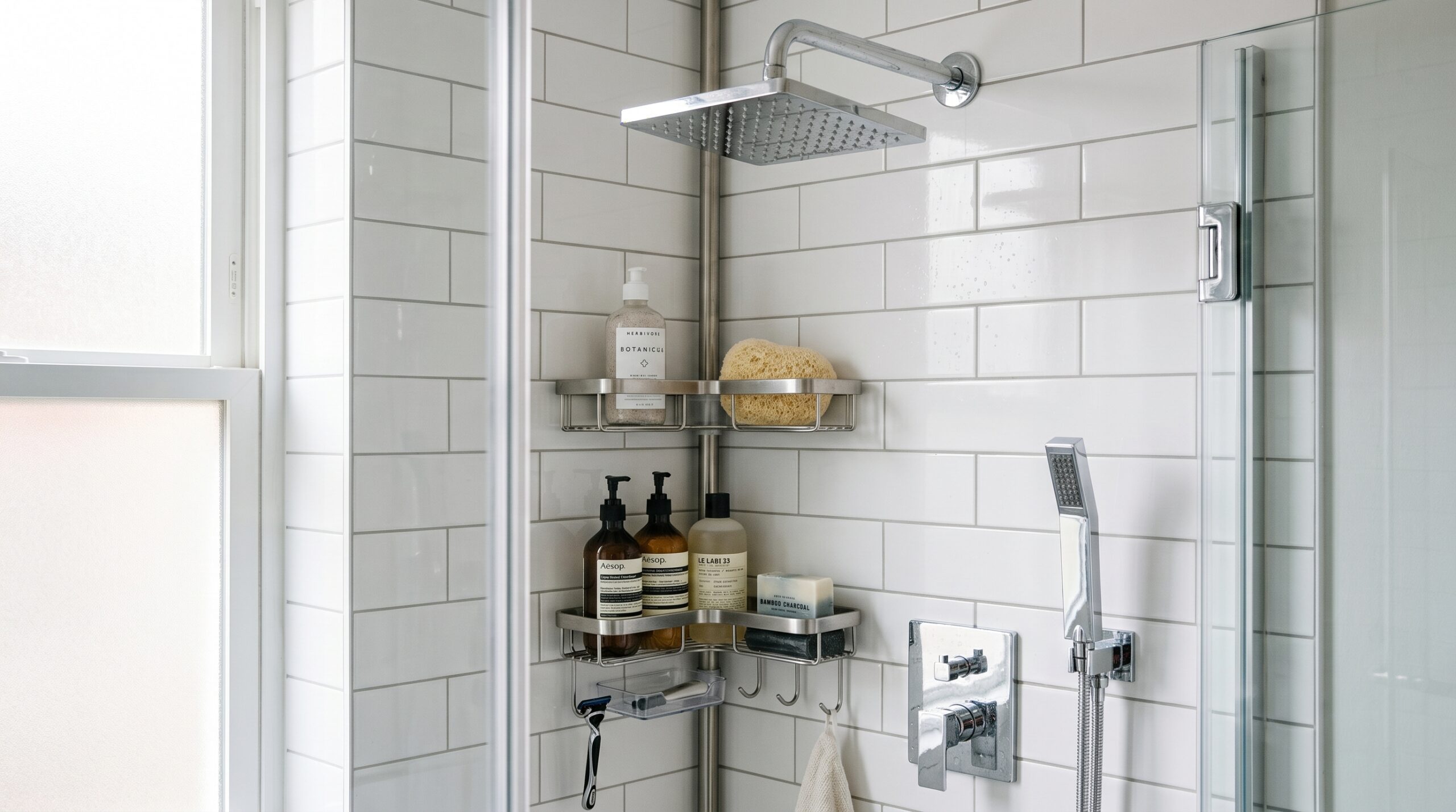 Stainless steel and aluminum corner shower caddy hanging from a showerhead pipe tucked into a white subway tile bathroom corner holding shampoo conditioner and soap