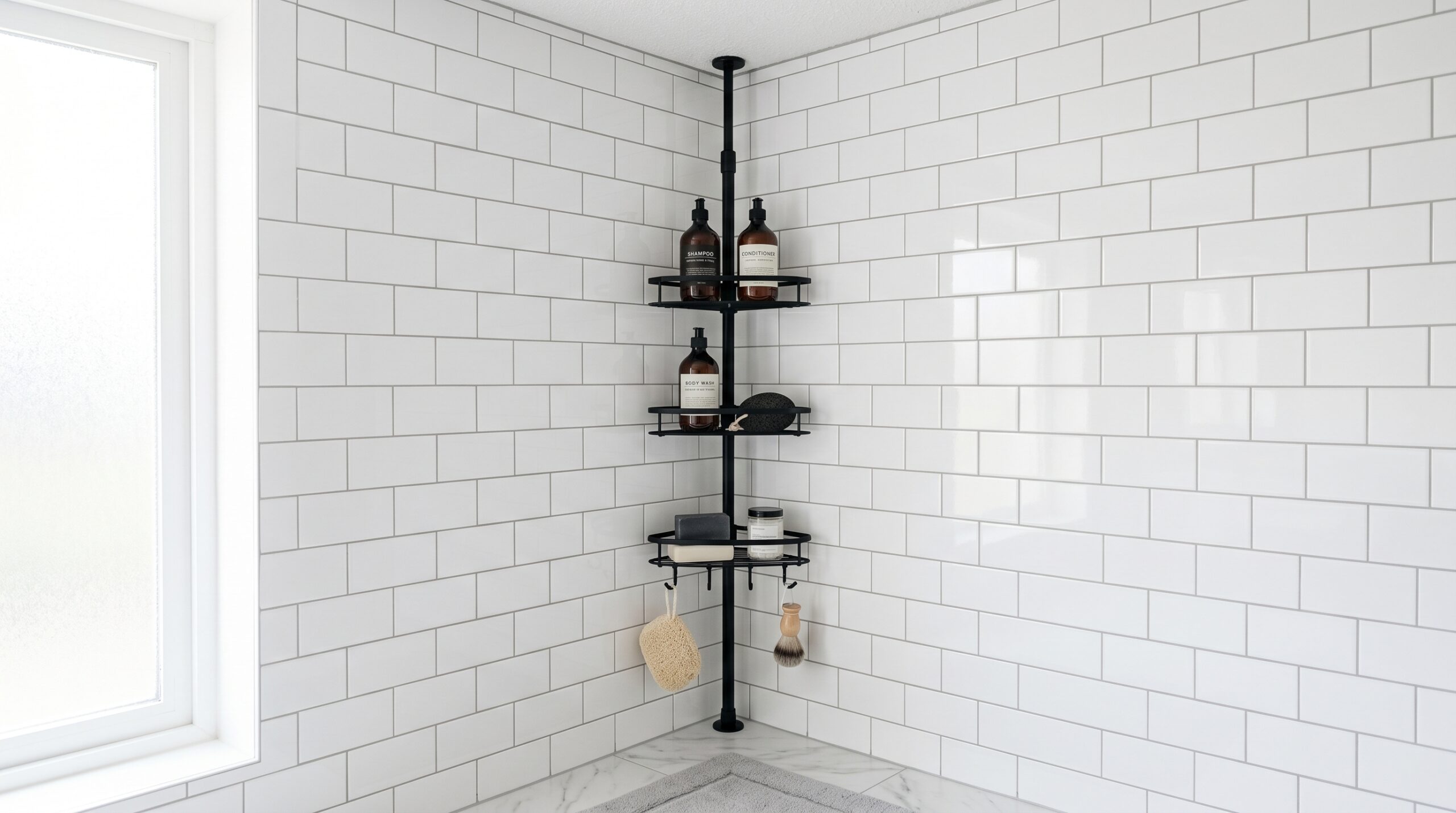 Black 4-tier matte tension pole shower corner caddy floor-to-ceiling in a white subway tile bathroom corner holding shampoo conditioner and body wash bottles
