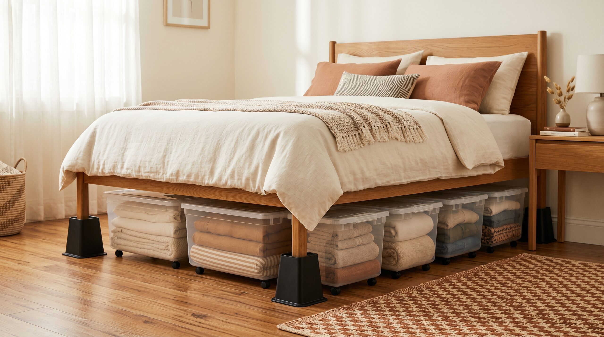 Small apartment bedroom with a queen bed lifted on matte black risers, four clear low-profile wheeled storage bins visible beneath filled with neatly folded linens