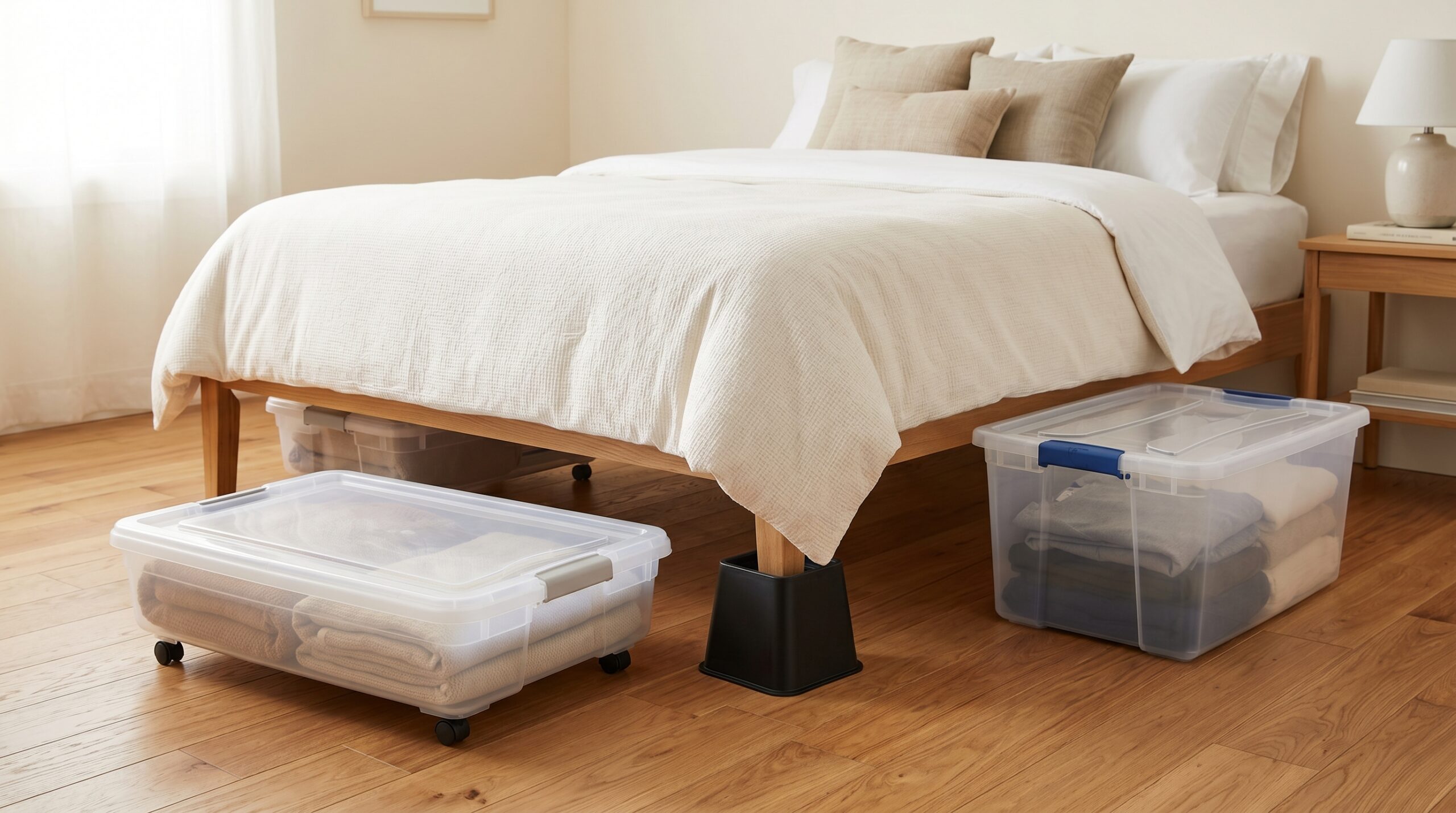 Multiple hard-plastic under-bed storage solutions arranged on warm oak floor beside a queen bed: clear wheeled Sterilite bin, matte black bed riser, and a clear buckled IRIS bin