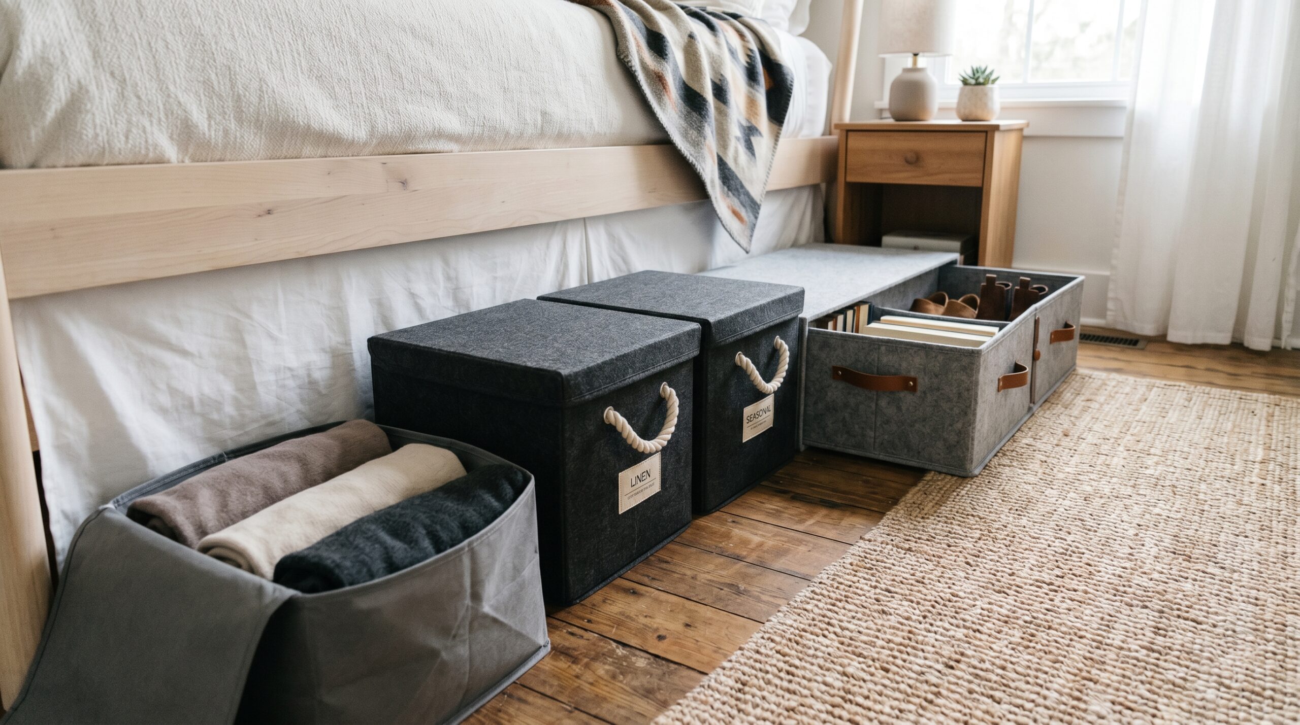 Fabric-alternative under-bed storage: open charcoal gray mDesign fabric bag with sweaters, three slate gray SONGMICS fabric boxes stacked, and a beige Smart Design 12-compartment shoe organizer pulled out from under a bed