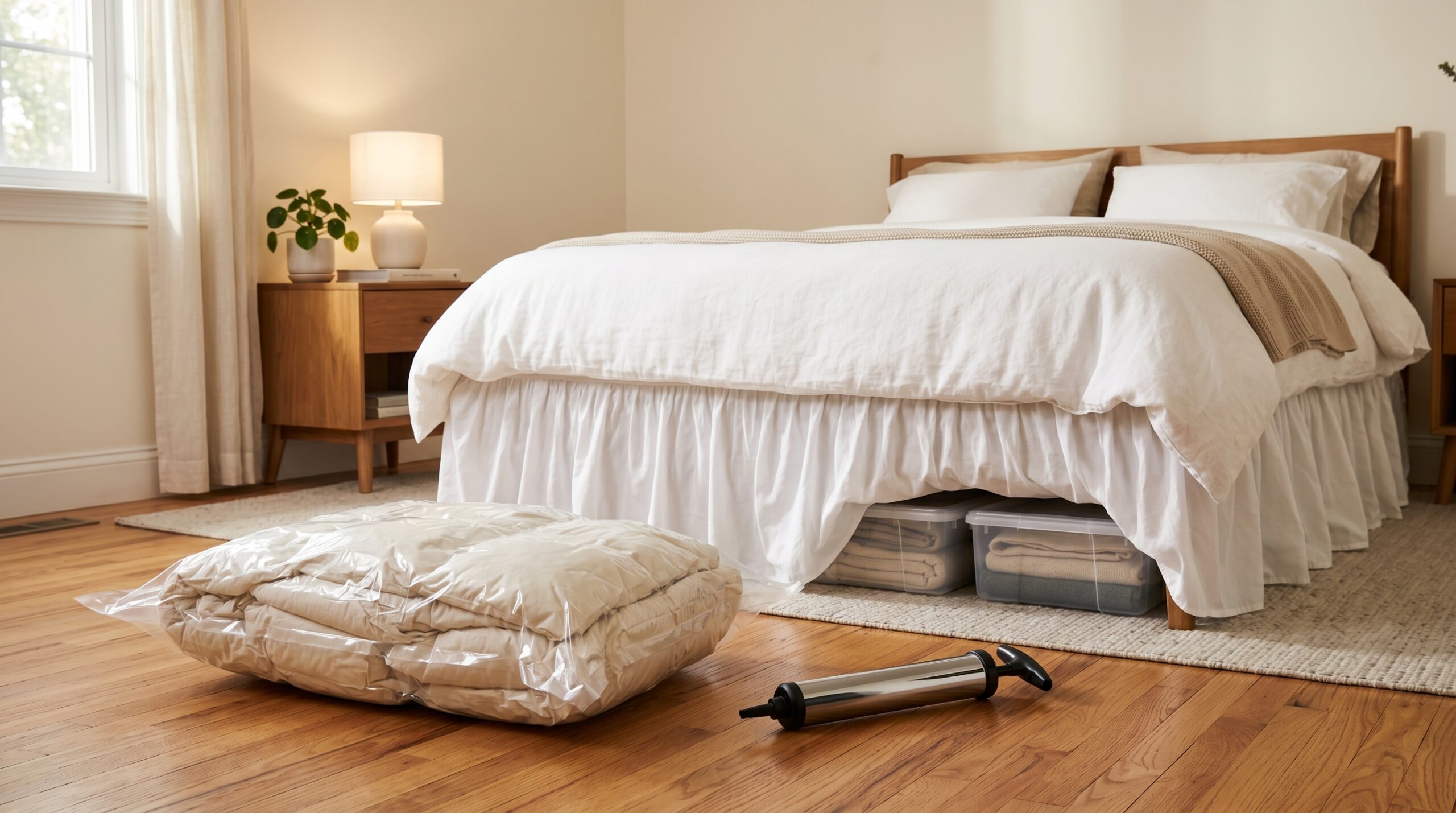 Vacuum compression storage bag being compressed flat with cream comforters visible inside, white 18-inch drop ruffled bed skirt hanging over a queen bed in the background, clear storage bins peeking at the floor line, warm evening light