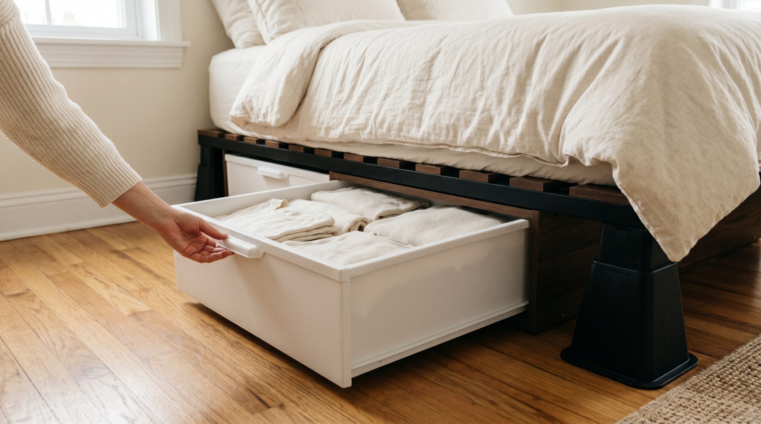 Hand pulling a white plastic sliding-drawer under-bed storage bin halfway out from under a queen bed with neatly folded cream clothes visible inside, matte black bed riser at right edge, warm oak hardwood floor, soft morning light