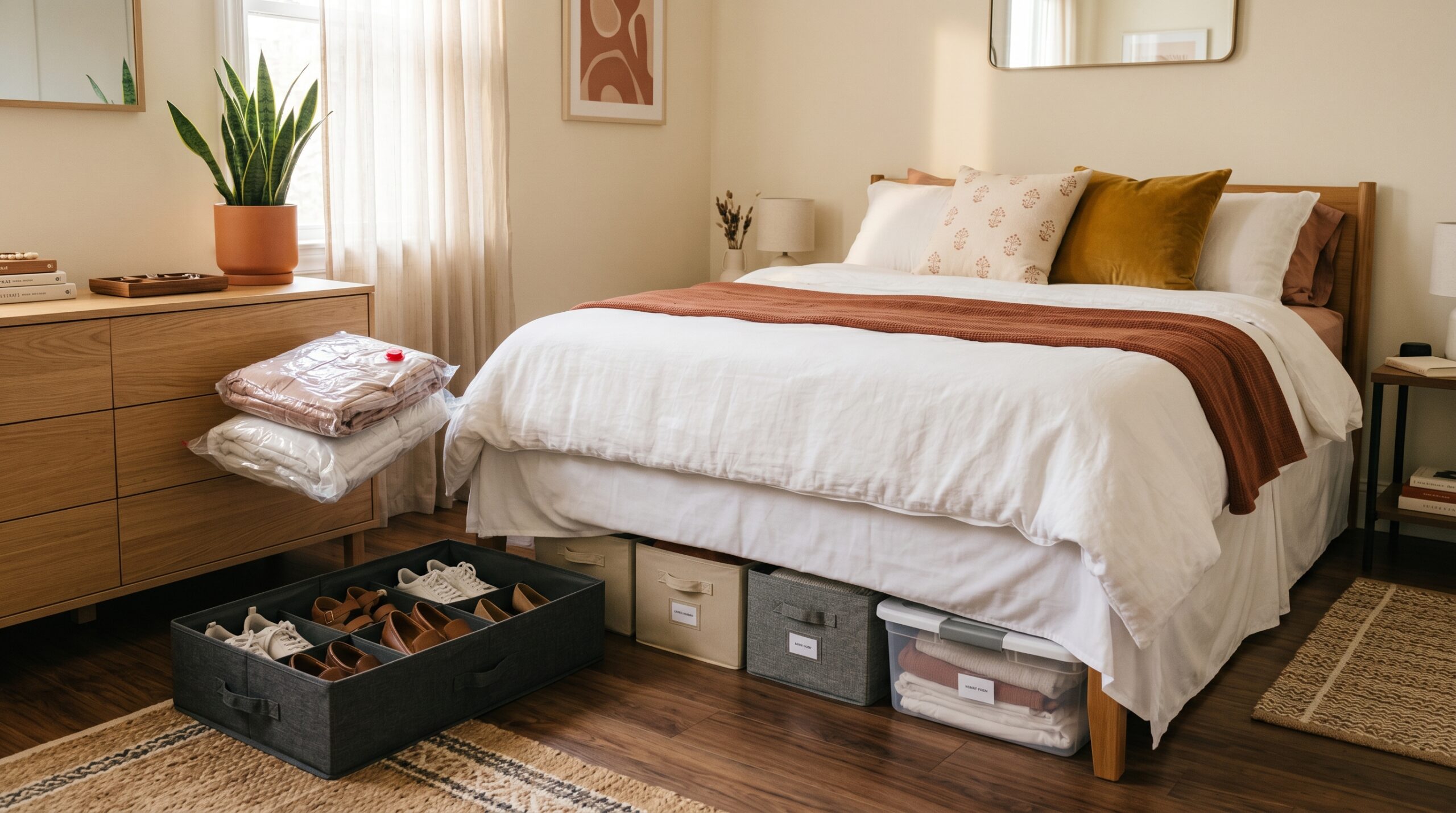 Small apartment bedroom vignette showing the complete under-bed storage system: white 18-inch drop bed skirt covering the side of a queen bed, fabric shoe organizer pulled halfway out at the foot of the bed, vacuum compression bag visible on a nearby dresser, cream walls with terracotta accents, warm afternoon light