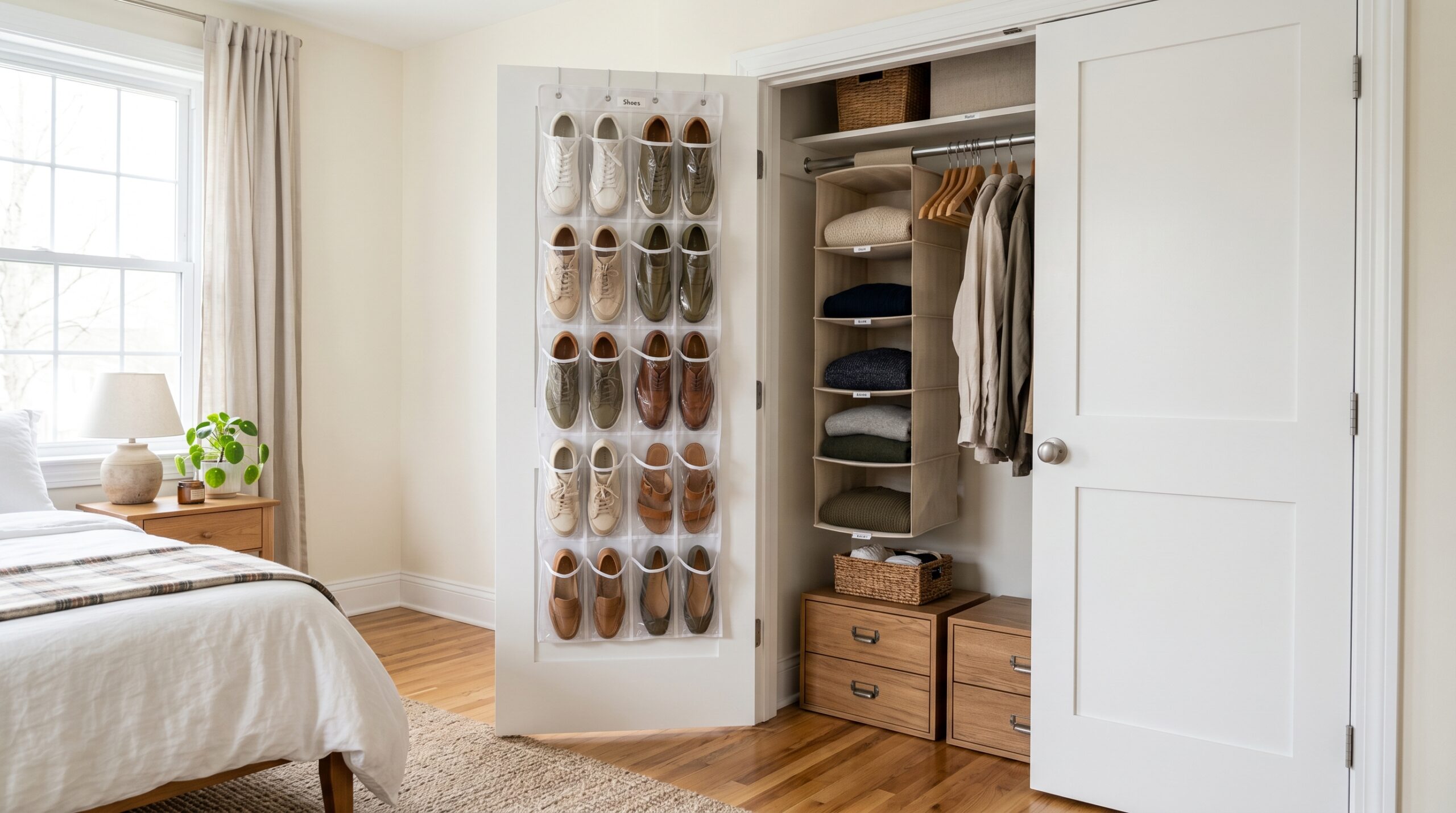 Small-apartment bedroom closet with door open, clear-pocket shoe organizer on the inside of the door, beige fabric drawer unit hanging on the closet rod, cream walls, warm oak floor, soft morning light