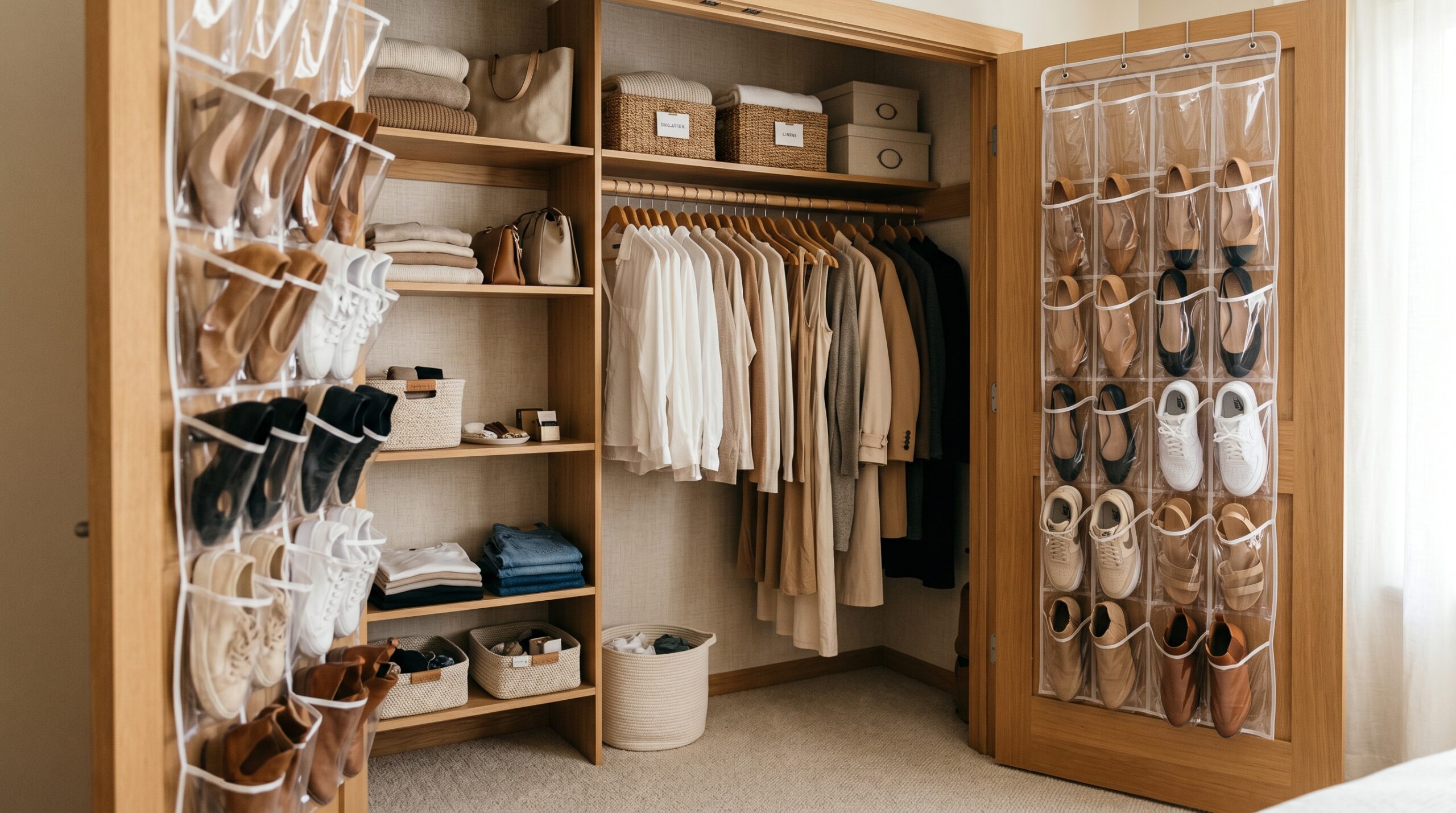 Foundation storage scene: bedroom closet interior with a clear-pocket shoe organizer on the back of the door, neutral beige tones, natural light