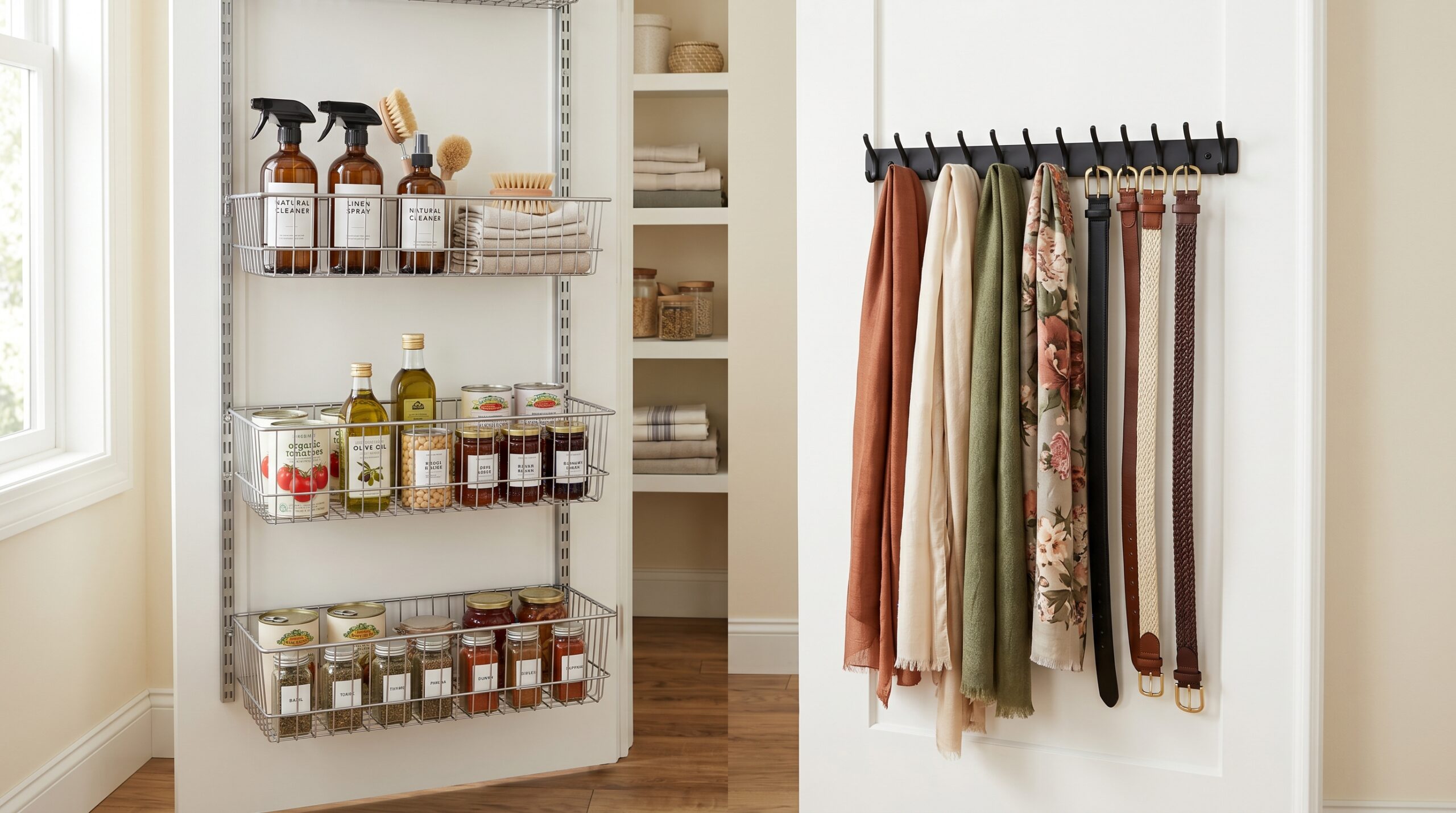 Modular wire-storage scene: pantry-style closet door with white wire rack holding three baskets of cleaning supplies, 16-hook accessory bar on the opposite closet door with scarves and belts, cream walls