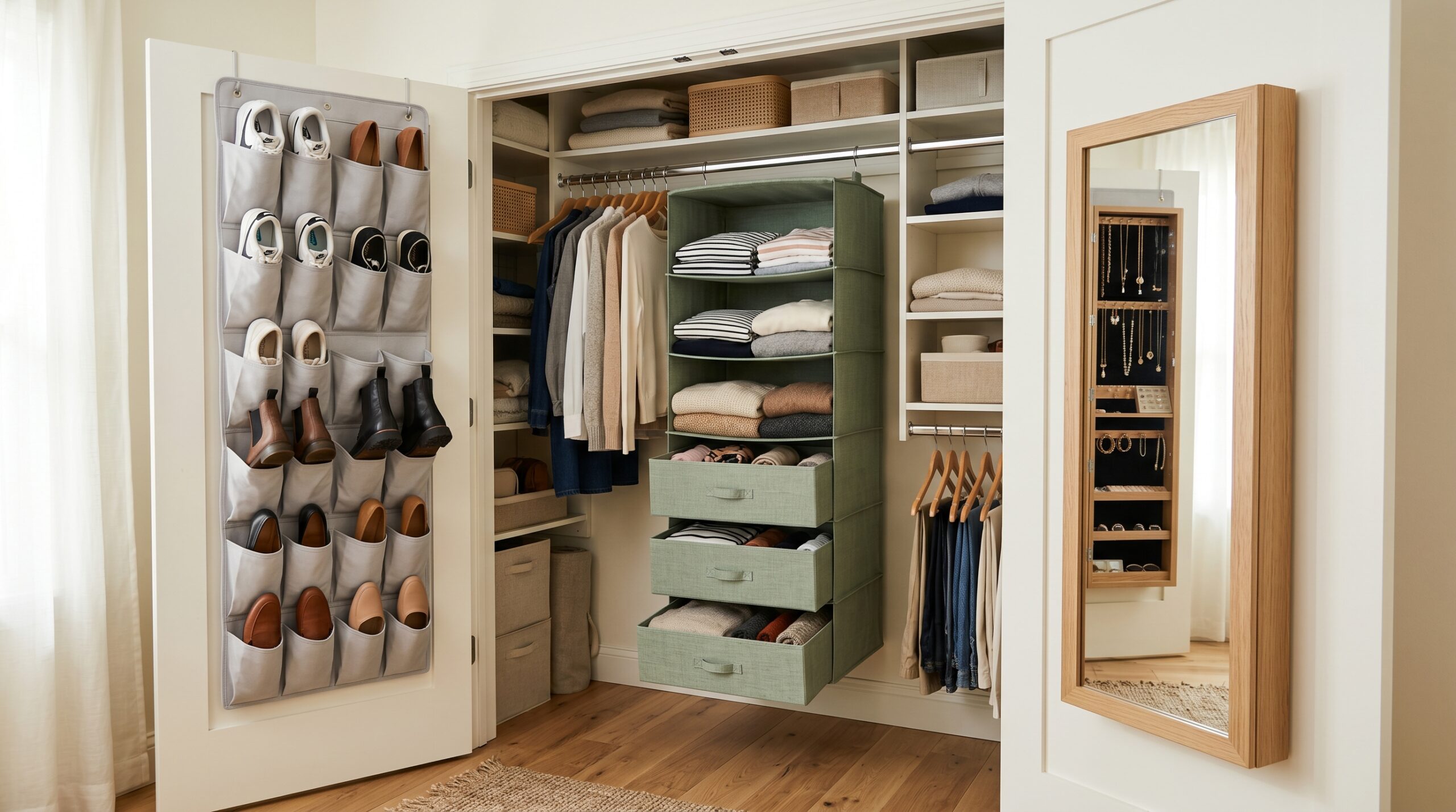 Multi-product overview: closet door interior with shoe organizer, fabric drawer unit hanging on rod, mirror cabinet on adjacent edge, cream walls, warm morning light