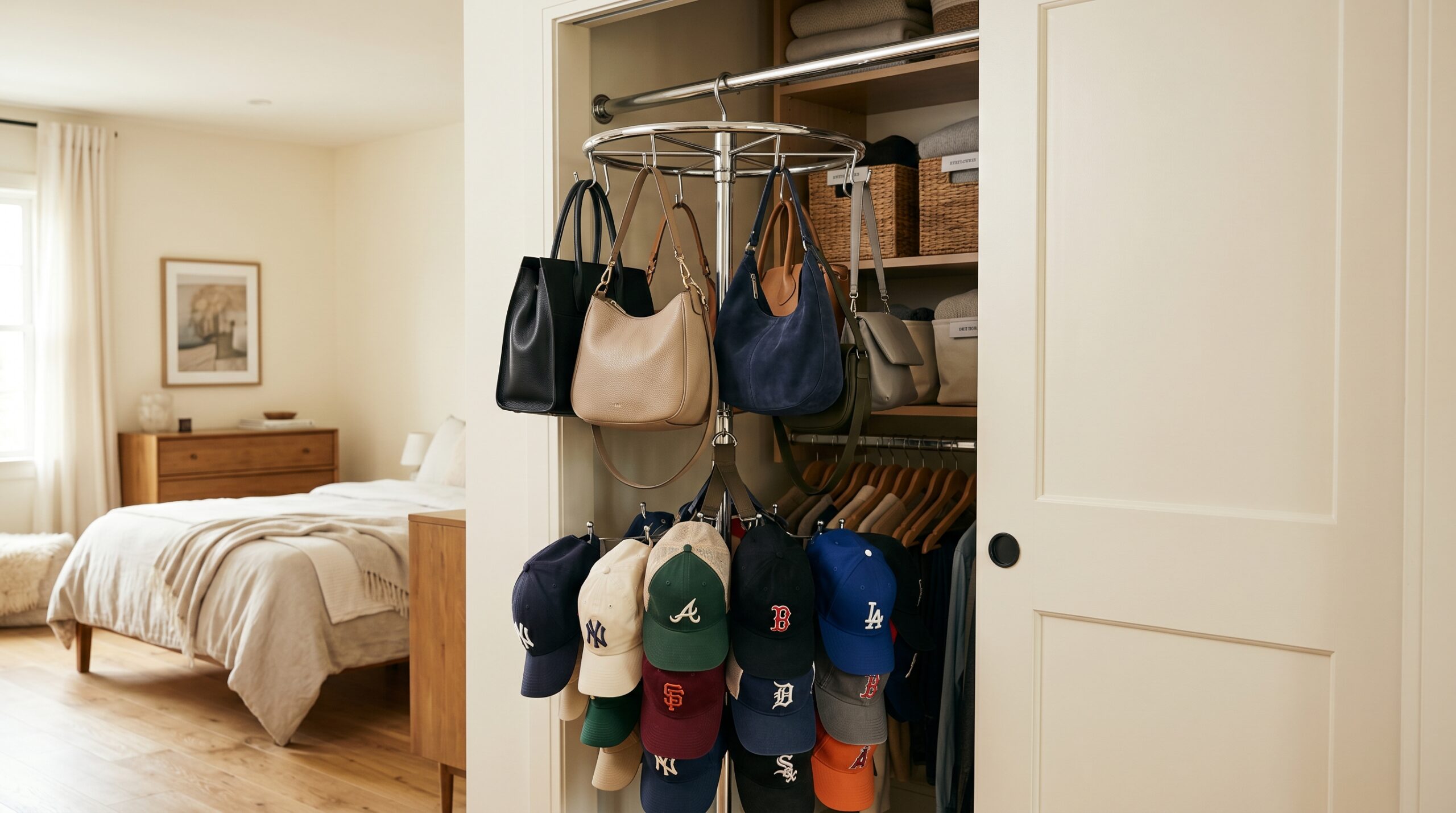 Specialty hangers scene: bedroom closet door with a chrome rotating purse carousel holding six handbags and a cap rack strap with baseball caps below it, cream walls, warm afternoon light