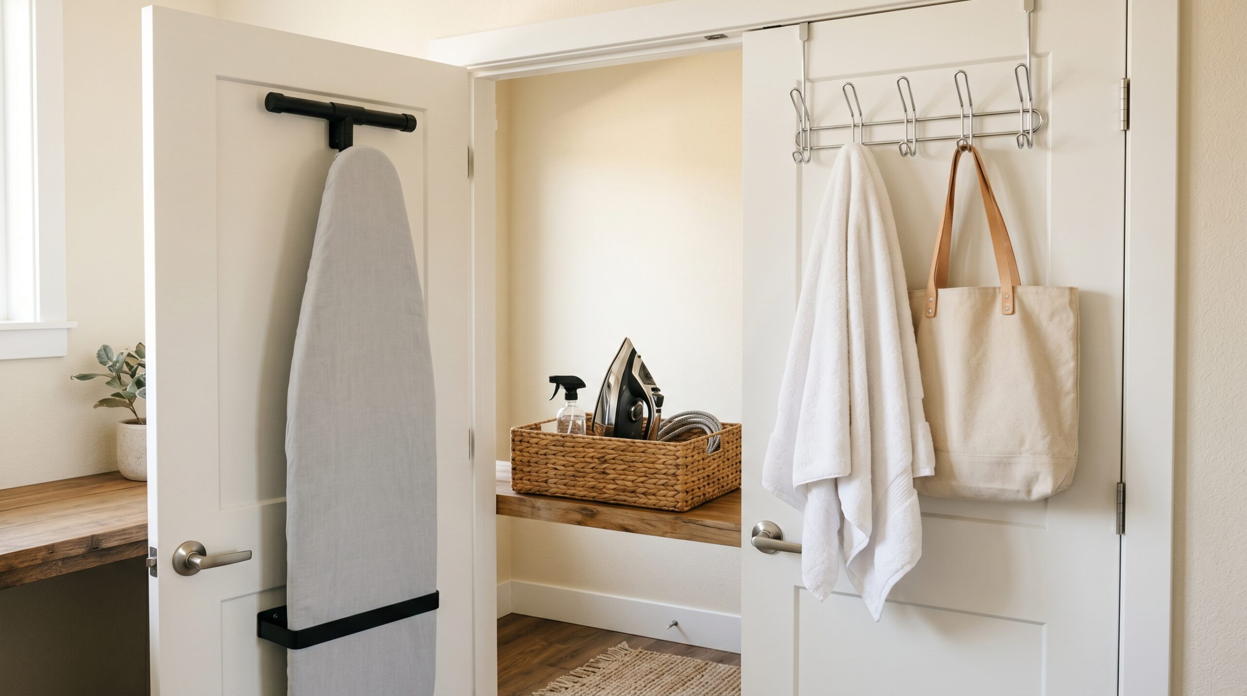 Utility workhorse scene: laundry closet door with matte black ironing board holder supporting a folded ironing board with iron in a basket, adjacent door with 8-hook chrome rack holding folded towels