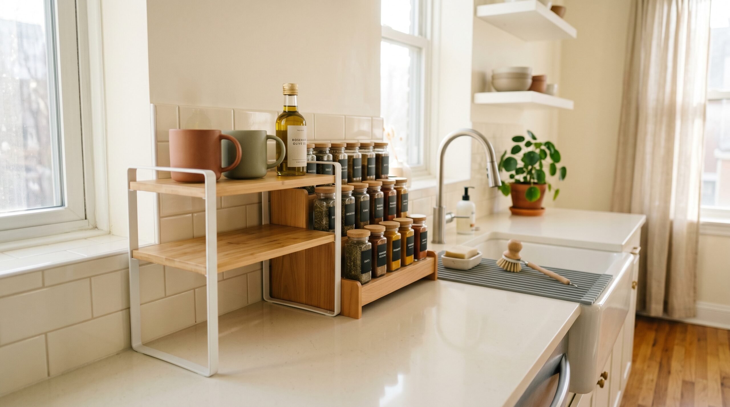 Small apartment galley kitchen counter with bamboo riser holding ceramic mugs, wooden corner riser with spice jars, cream subway tile backsplash, warm morning light