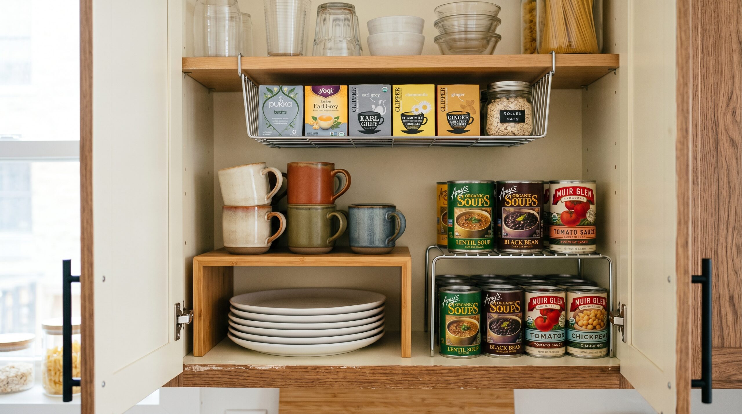 Open white kitchen cabinet interior with bamboo 4-piece stackable riser holding mugs and plates, expandable wire countertop shelf beside it, under-shelf slide-on basket holding tea and oat packets