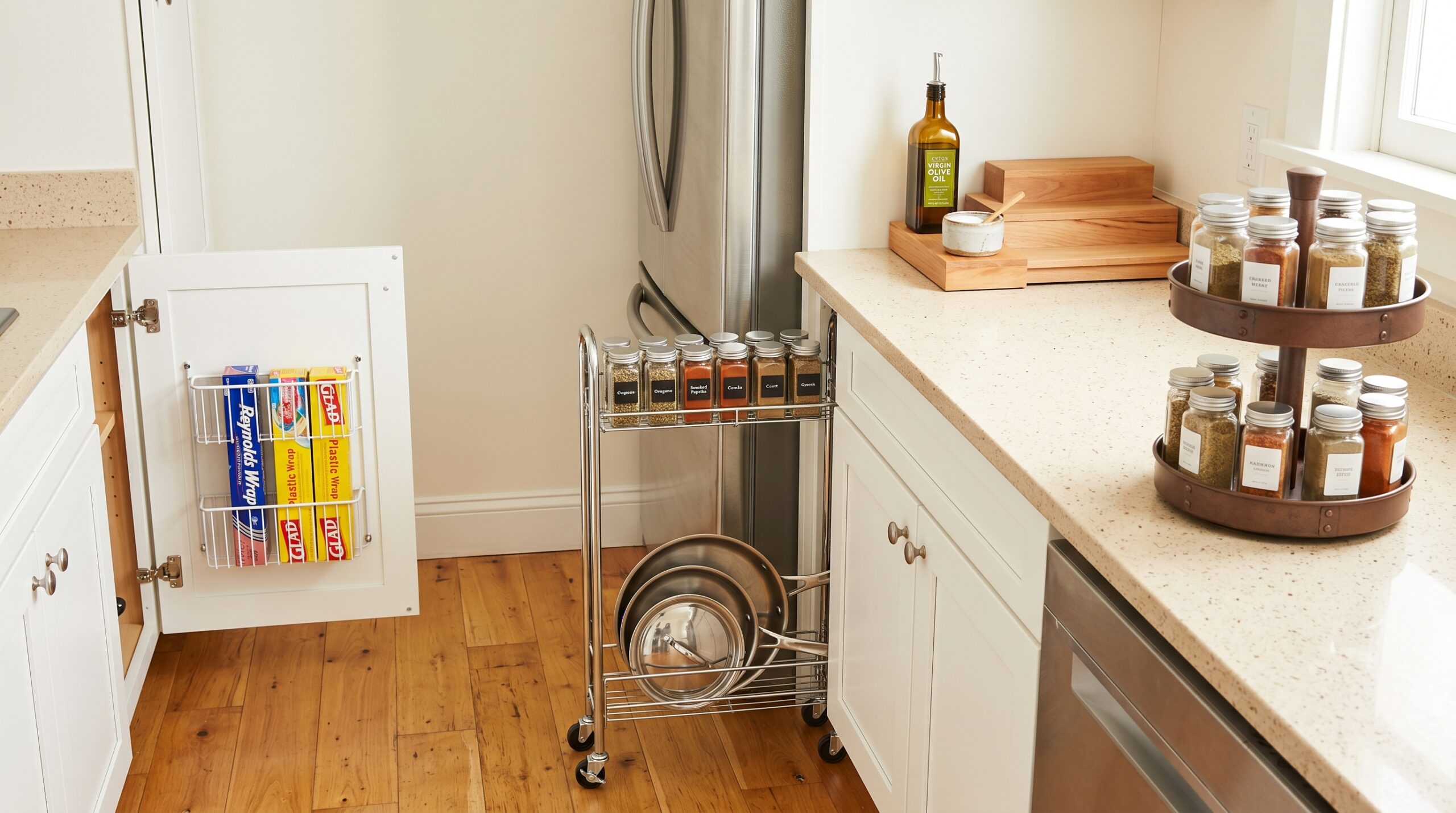 Small kitchen storage scene: slim 4-tier rolling cart pulled out from gap between fridge and cabinet, rustic-brown 2-tier rotating lazy susan spice carousel on counter, 3-tier beech wood corner riser, cabinet door with wrap organizer inside