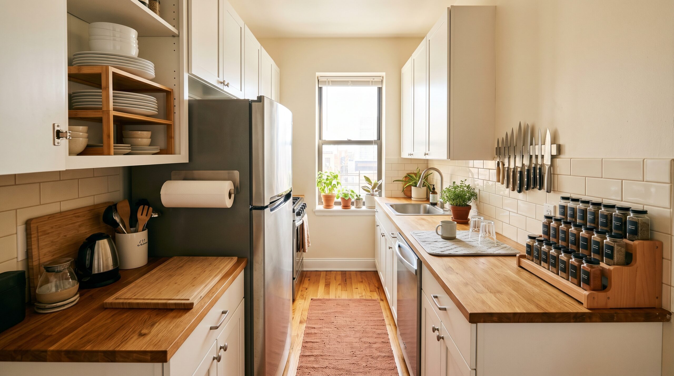 Small apartment galley kitchen overview showing bamboo cabinet organizer, magnetic paper towel holder on stainless fridge side, magnetic knife bar on subway tile backsplash, beech-wood corner riser with spice bottles