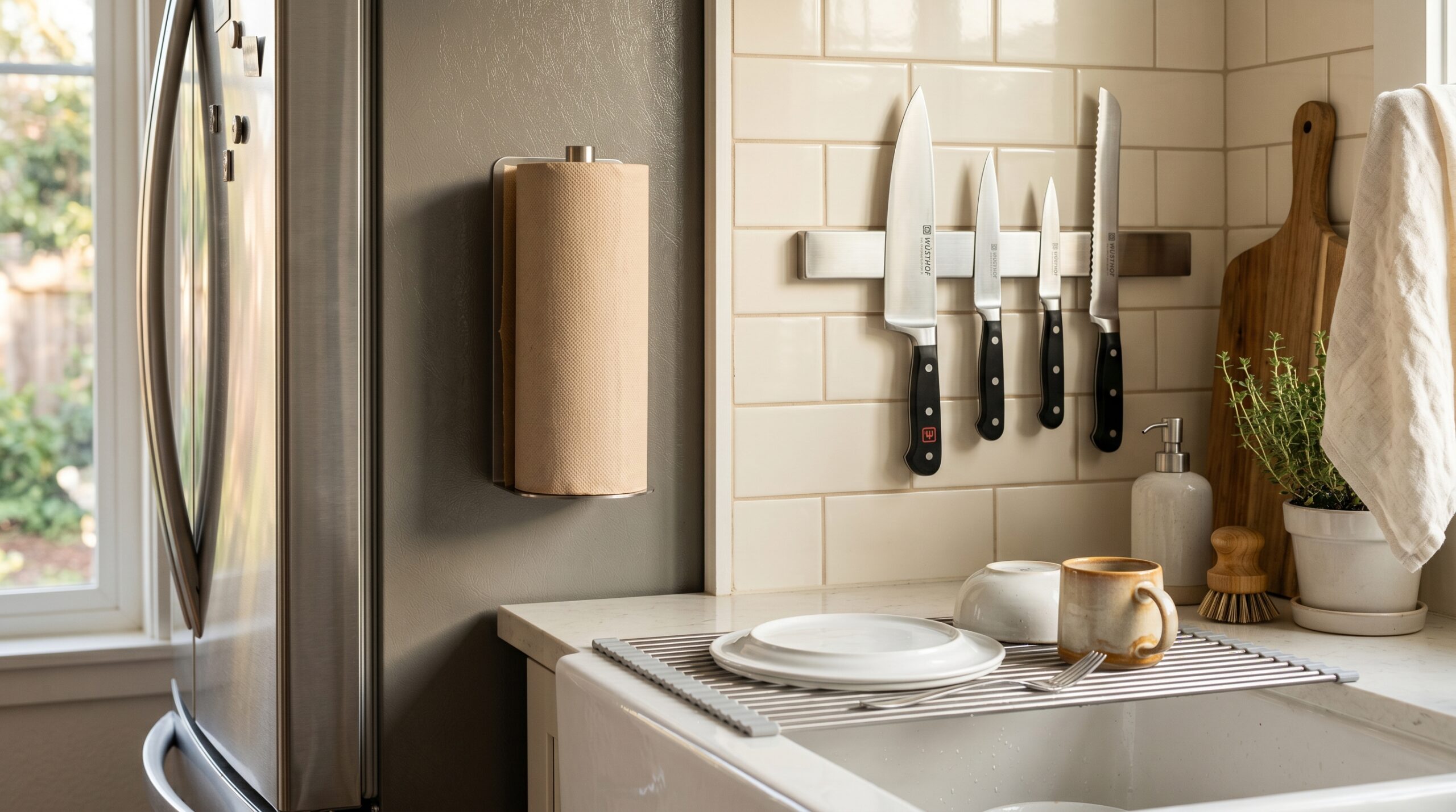Small kitchen vertical storage close-up with matte stainless magnetic paper towel holder on fridge side, 16-inch stainless magnetic knife bar on subway tile backsplash, silicone-coated stainless roll-up drying rack spanning the sink