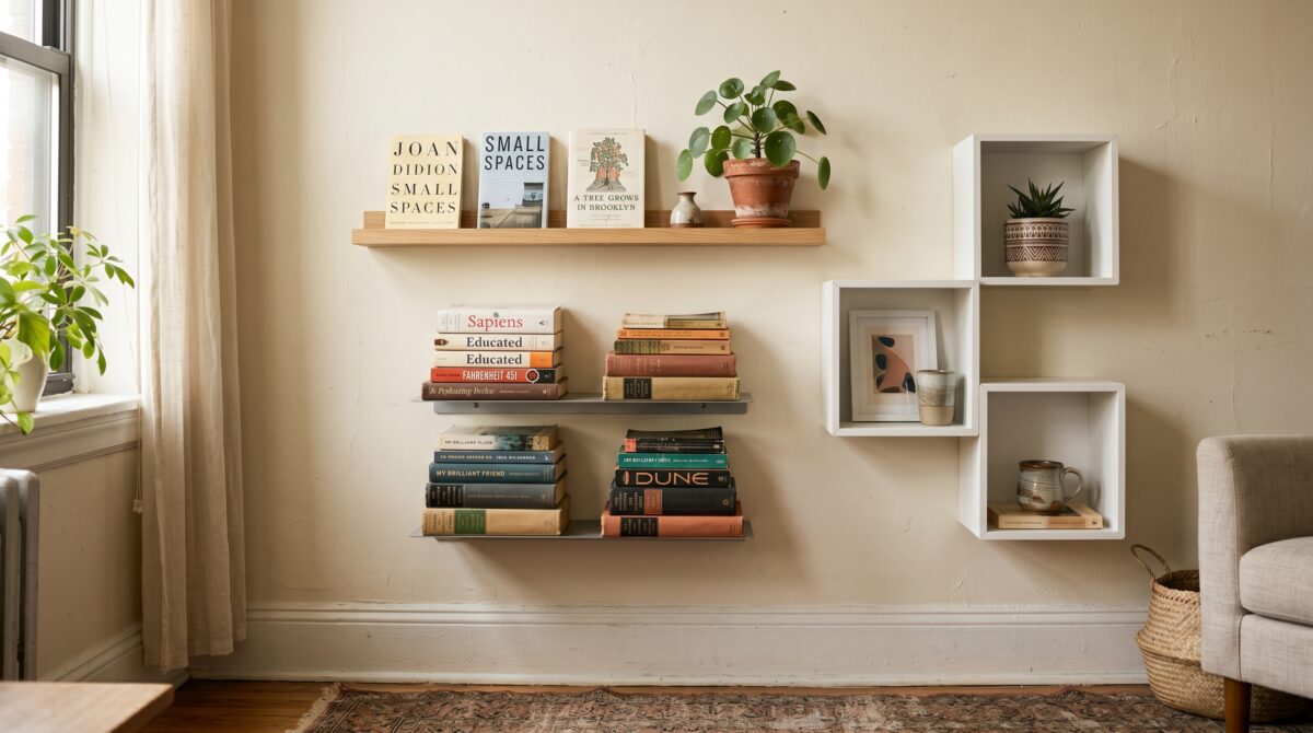 Cozy rental living room corner with mixed wall bookshelf install methods on a cream wall